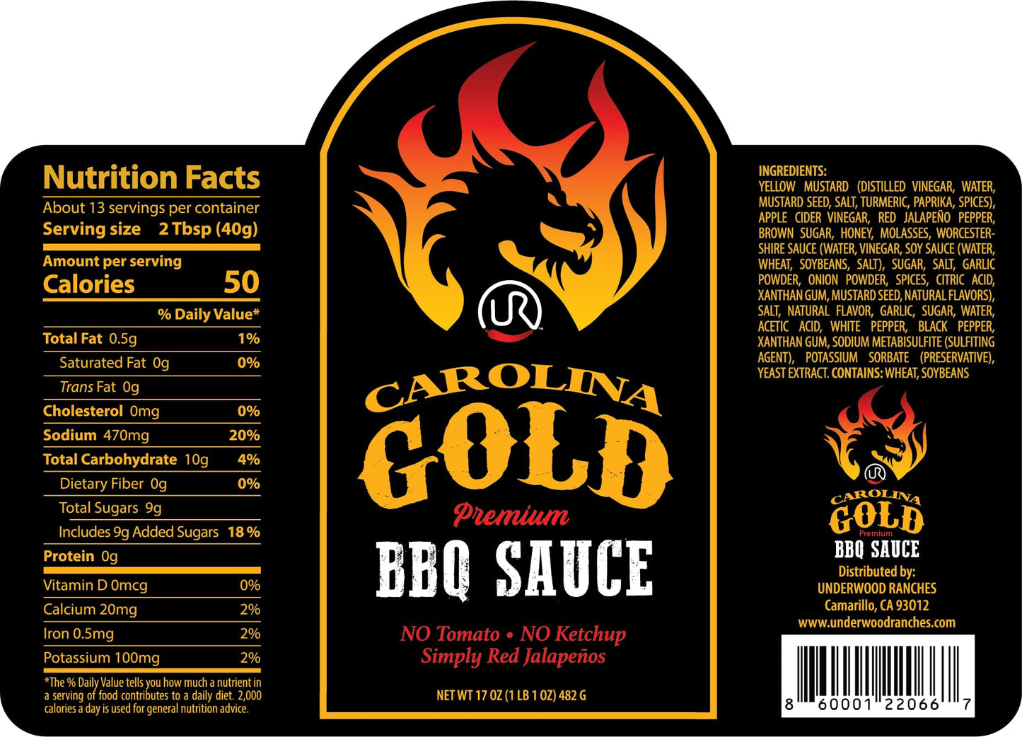 Underwood Ranches Carolina Gold BBQ Sauce - Made with Red Jalepenos, NO Tomato, NO Ketchup, BBQ Sauce for Wings, Chicken, Beef, Pork, Seafood