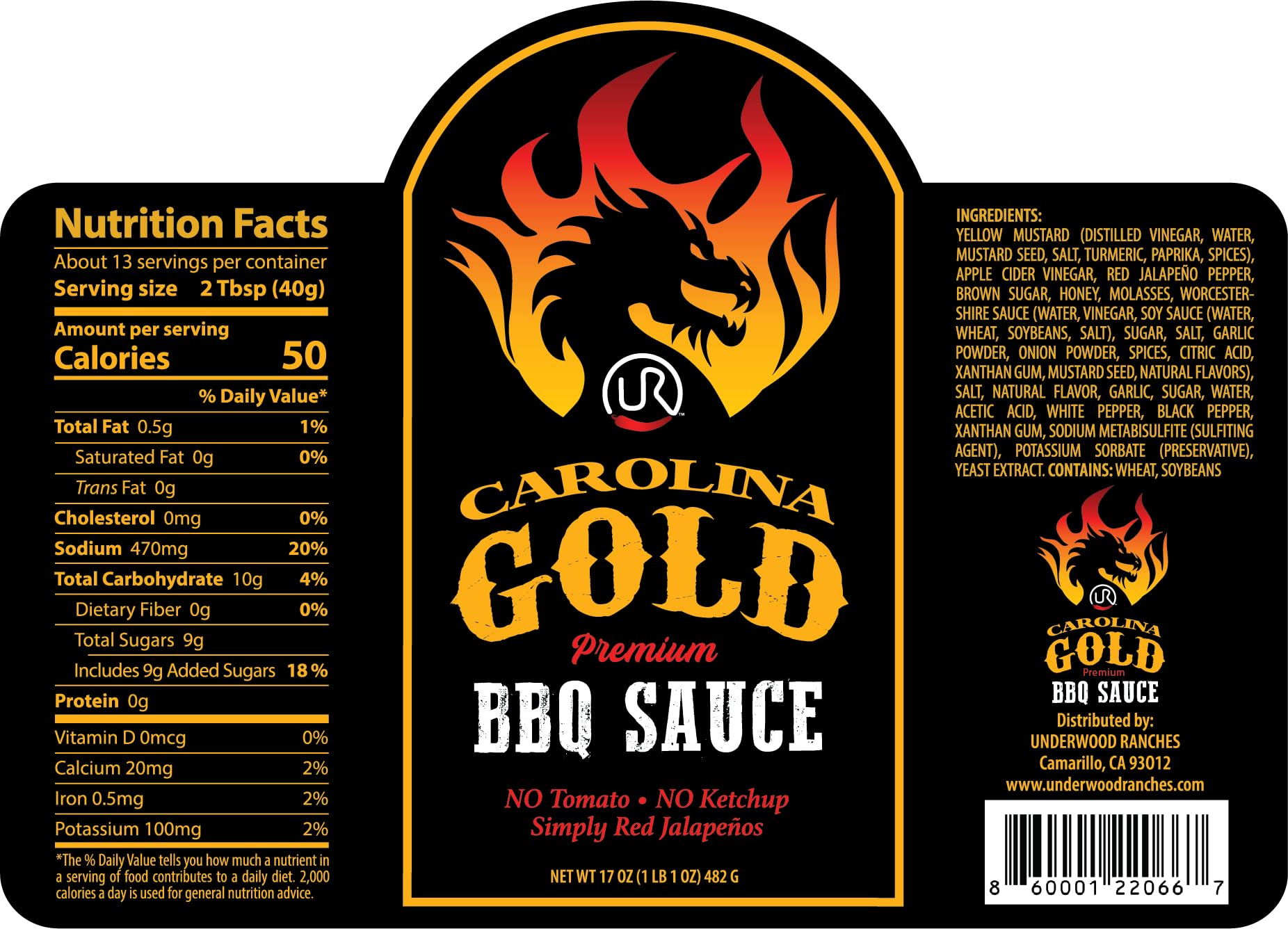 Underwood Ranches Carolina Gold BBQ Sauce - Made with Red Jalepenos, NO Tomato, NO Ketchup, BBQ Sauce for Wings, Chicken, Beef, Pork, Seafood