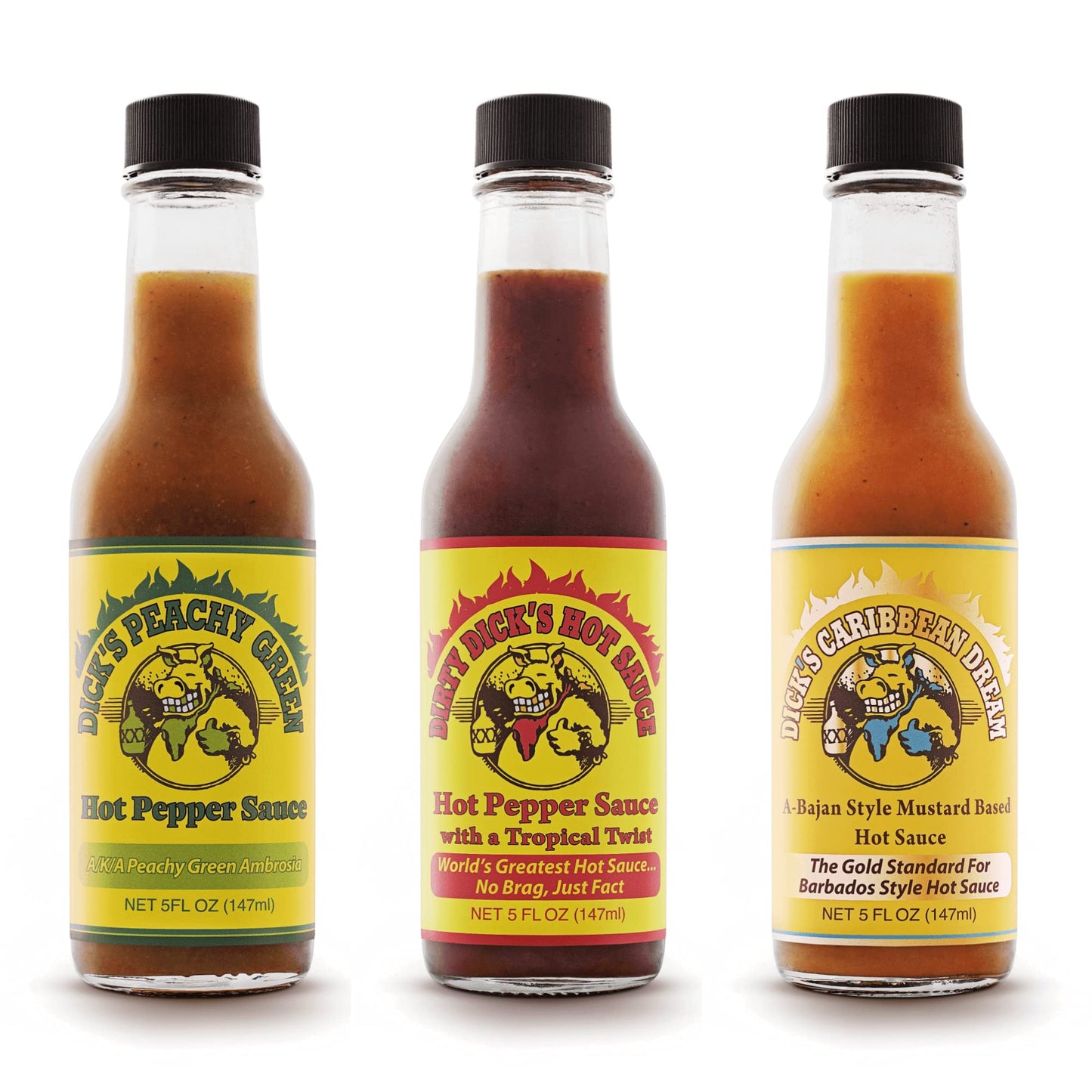 Dirty Dick's Variety Trio Hot Sauce Set - Original, Caribbean Dream & Peachy Green | 3 x 5 Fl Oz Gourmet Hot Sauces | Sweet, Spicy & Fruity Flavors |