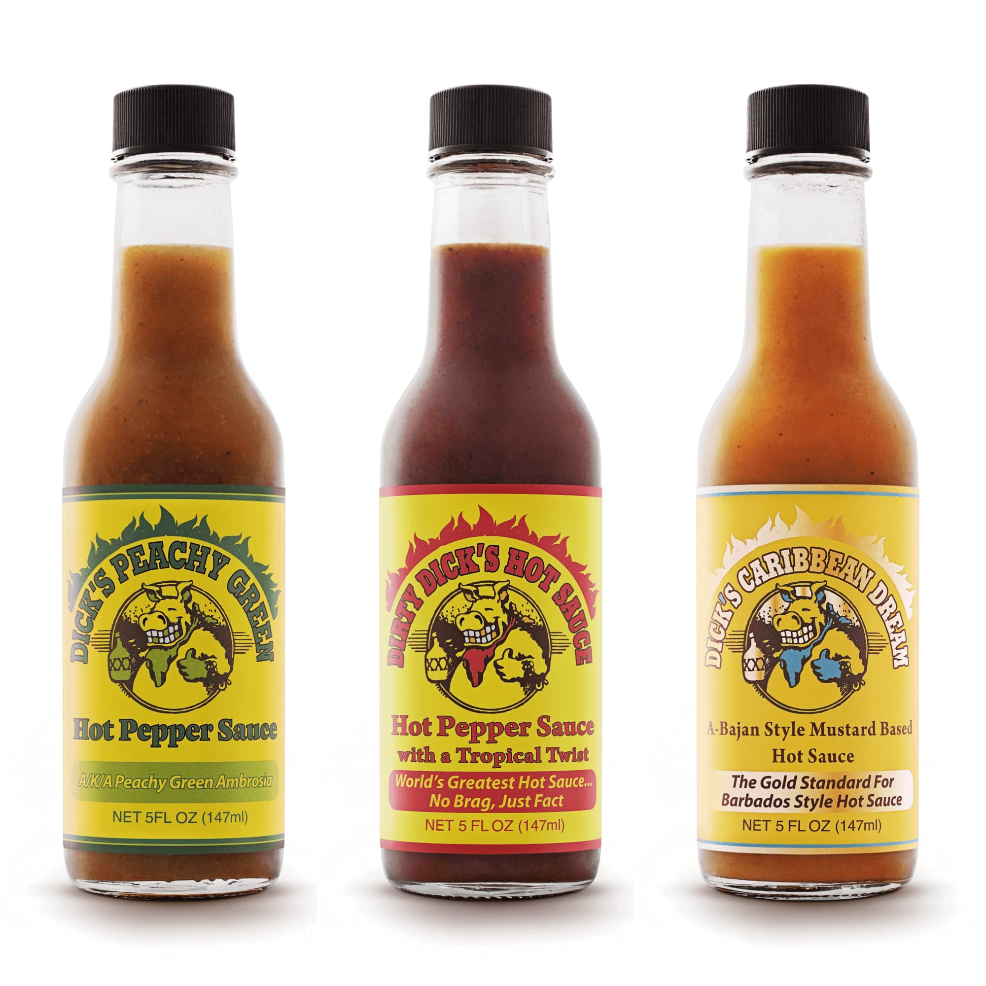 Dirty Dick's Variety Trio Hot Sauce Set - Original, Caribbean Dream & Peachy Green | 3 x 5 Fl Oz Gourmet Hot Sauces | Sweet, Spicy & Fruity Flavors |