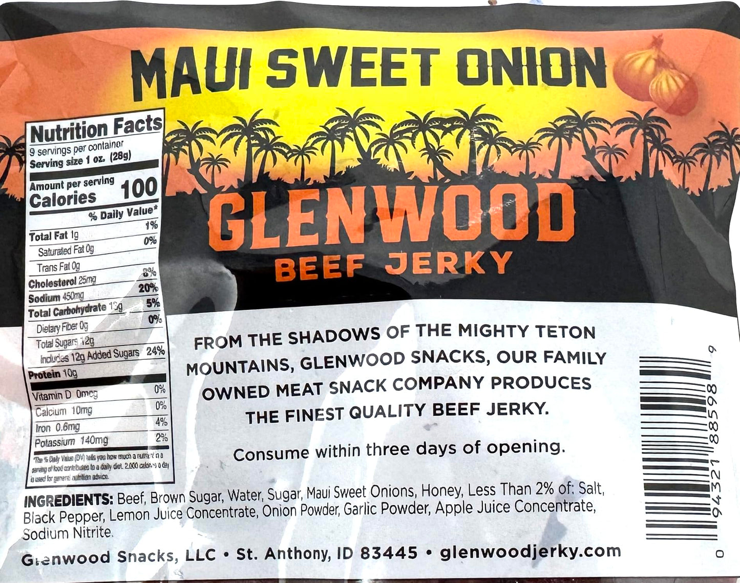 Glenwood Beef Jerky Maui Sweet Onion 9 Ounce Resealable Bag - Moist & Tender, High-Protein Snack, Made in the USA