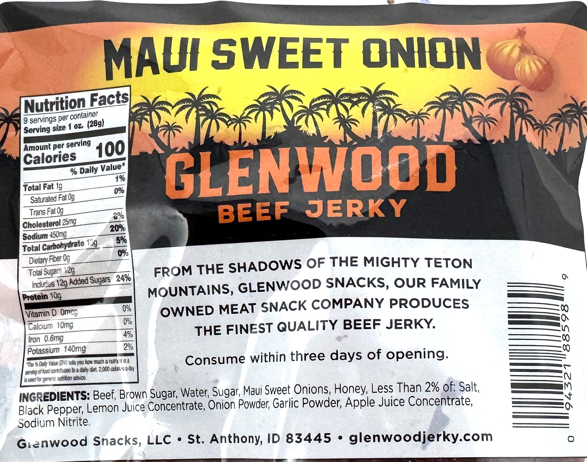 Glenwood Beef Jerky Maui Sweet Onion 9 Ounce Resealable Bag - Moist & Tender, High-Protein Snack, Made in the USA