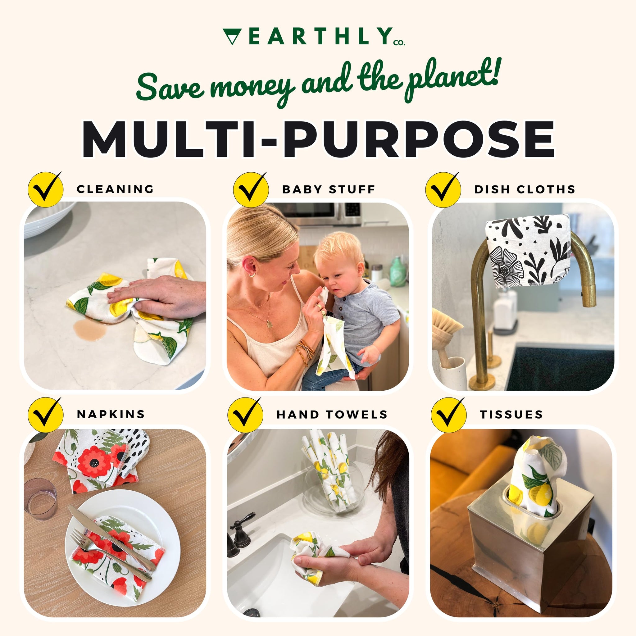 Earthly Co. Reusable Paper Towels - 10 Pack - Roll of Washable Cotton Cloth Paper Towels - Paperless Reusable Napkins Cloth Washable - Absorbent +