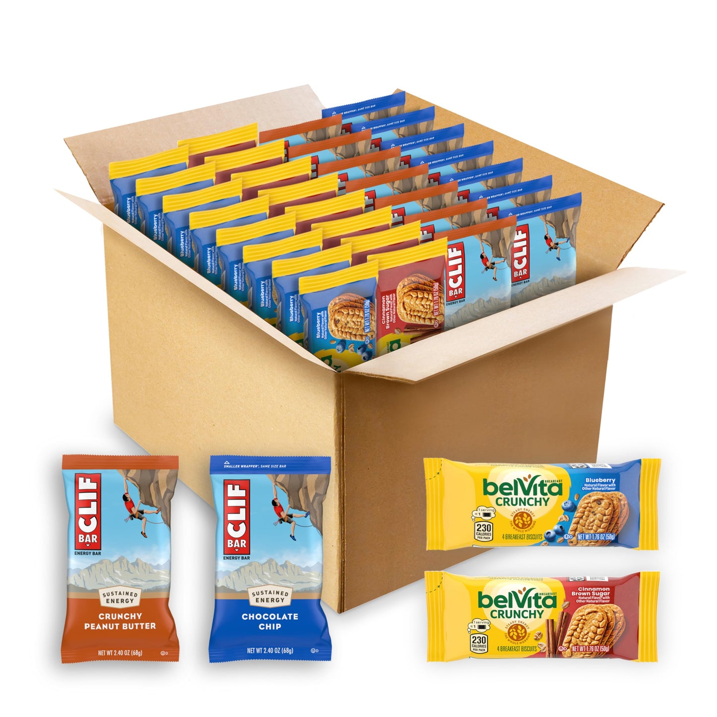 CLIF BAR Energy Bars and belVita Breakfast Biscuits Variety Pack, 4 Flavors, 30 Count