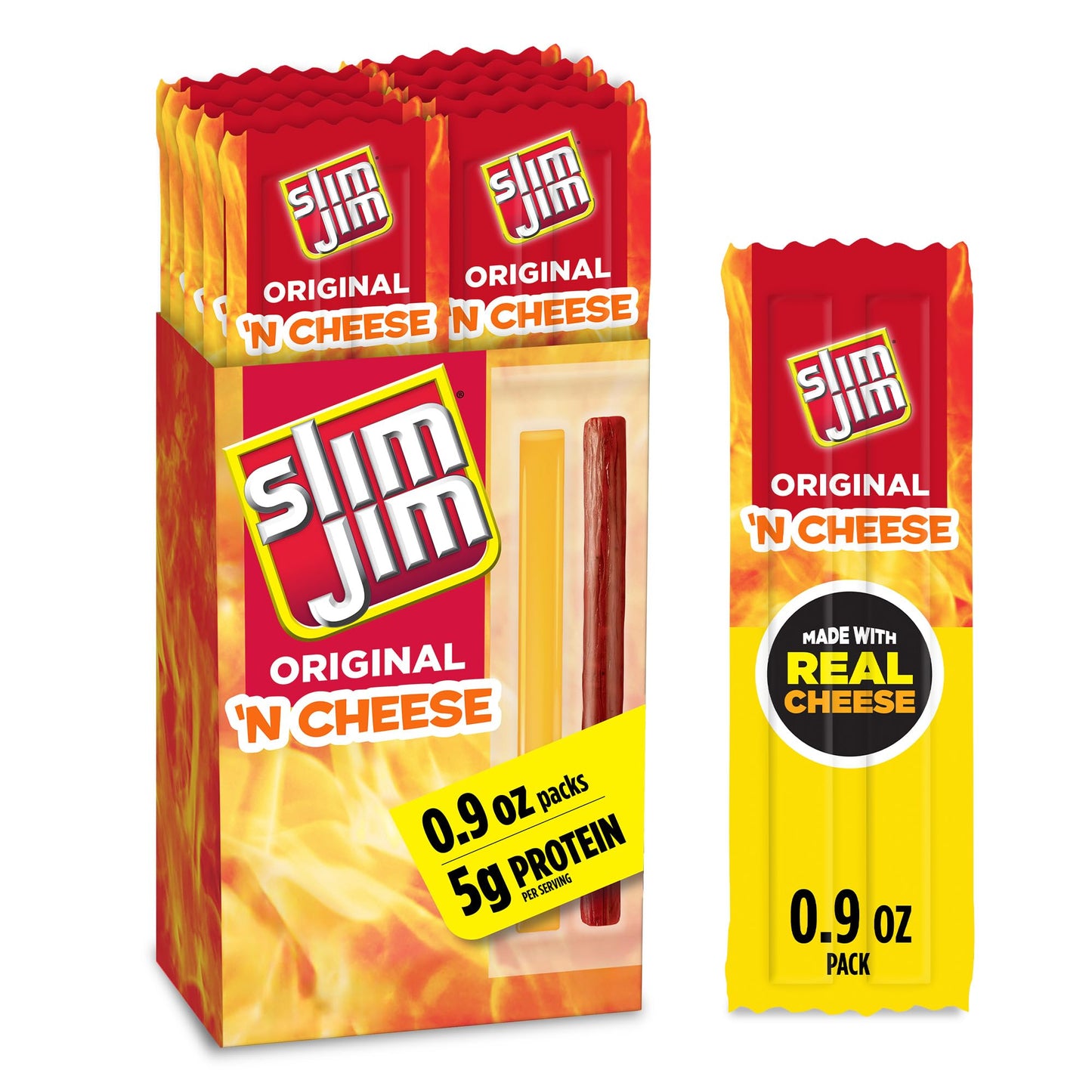 Slim Jim Beef 'N Cheese Smoked Meat Sticks, Original Flavor, 5g Protein Per Serving, Snack Size, 0.9 oz. (10 Count)