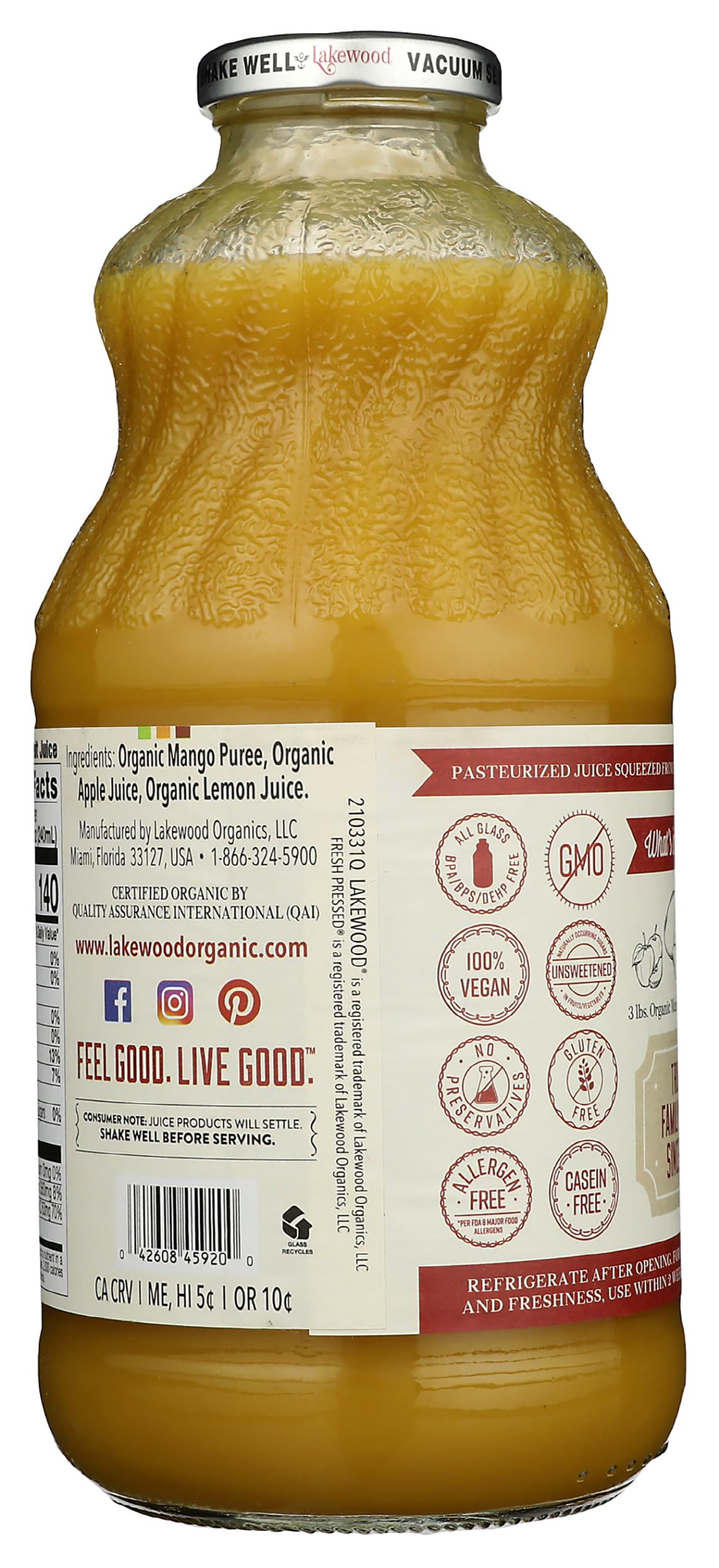 Lakewood Juice Mango Organic, 32 oz