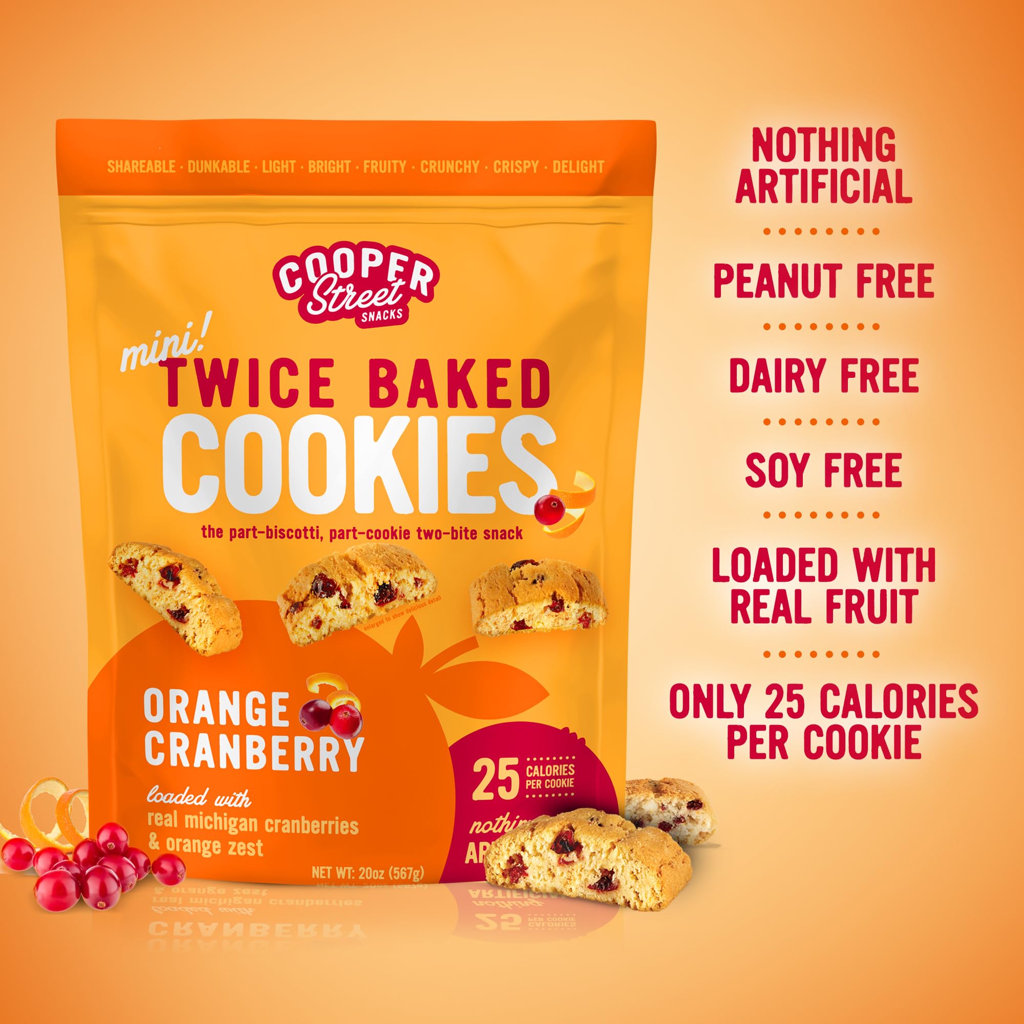 Cooper Street Twice Baked Orange Cranberry Biscotti Cookies - 1.25 Lb - Light and Crispy Coffee Cookie Bites - Low Calorie Italian Snacks for Adults