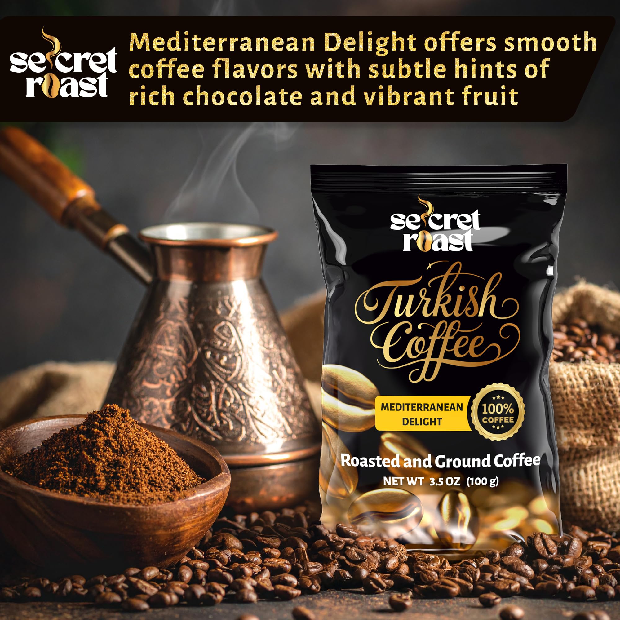 Secret Roast Ground Roasted Turkish Coffee | Mediterranian Delight | 3.5 oz | Kosher | Pack of 3