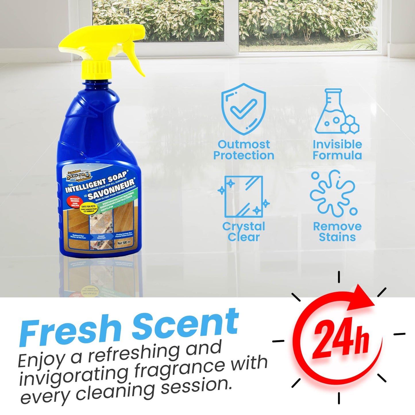 SURF PRO Floor Cleaner Spray for All Surfaces, no rinse ready to use formula, 500 ml, safe for wood vinyl ceramic tile and laminate, Intelligent Soap