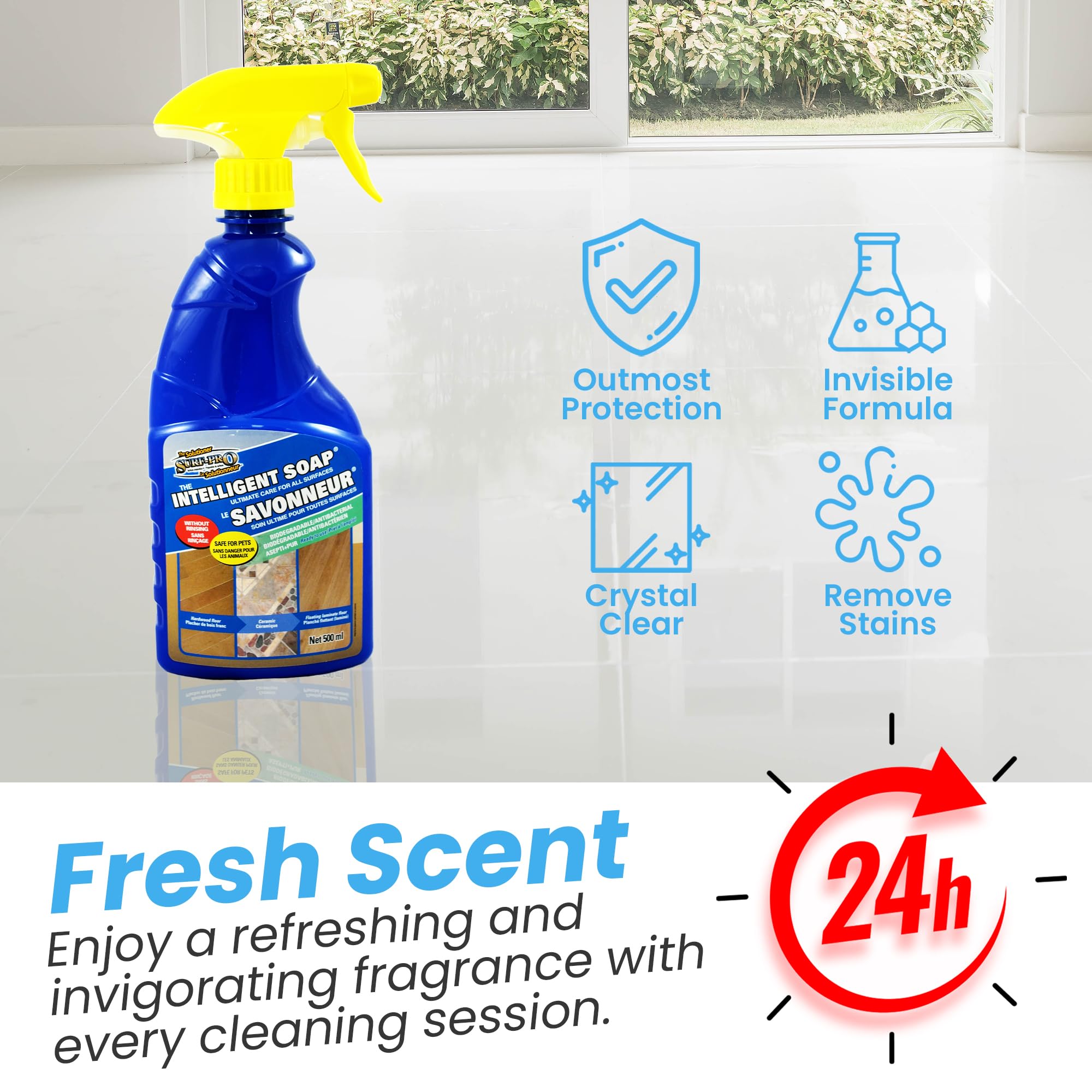 SURF PRO Floor Cleaner Spray for All Surfaces, no rinse ready to use formula, 500 ml, safe for wood vinyl ceramic tile and laminate, Intelligent Soap