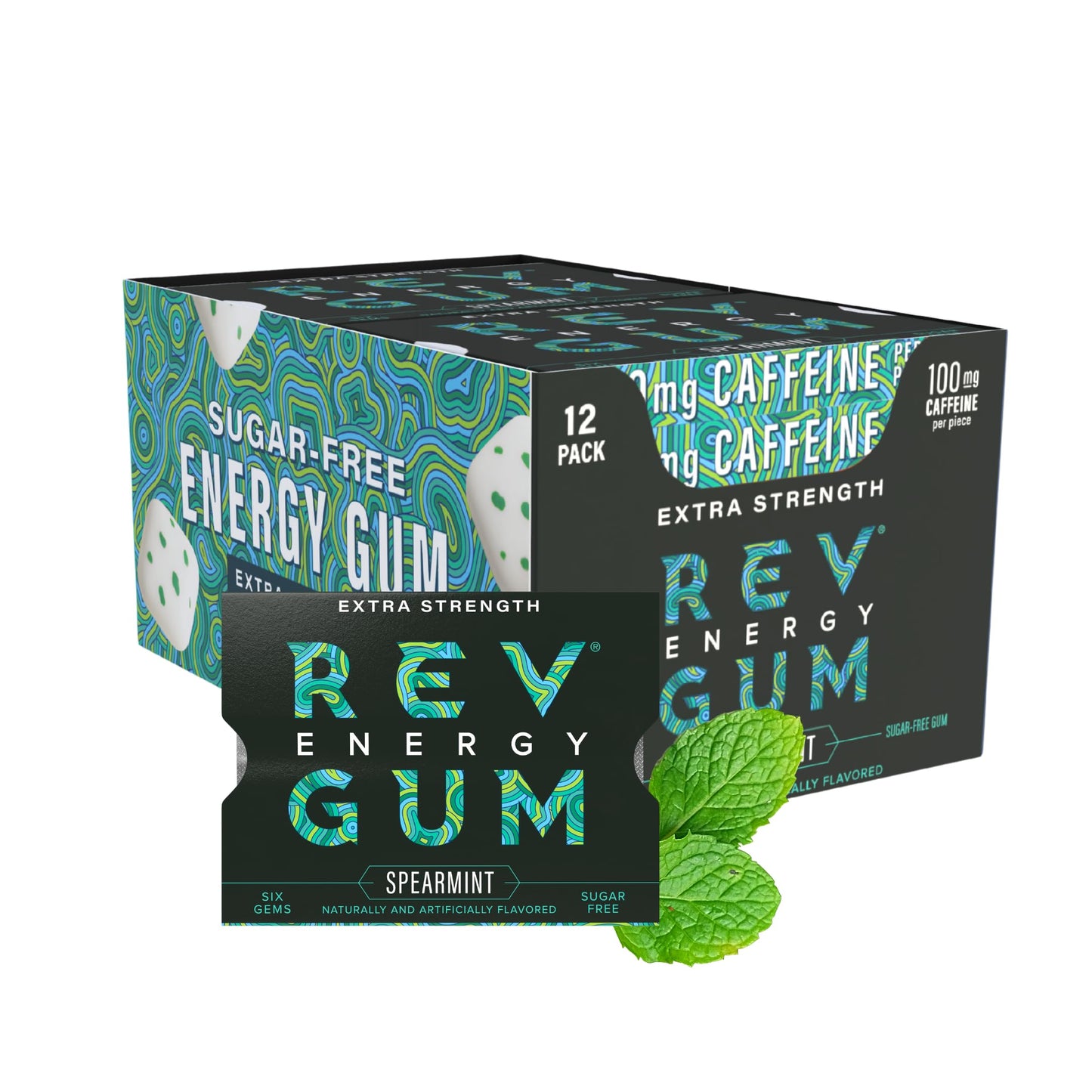 Rev Gum Caffeine Energy Gum | Extra Strength 100mg of Caffeine per Gem | Spearmint Sugar Free Caffeine Gum - Low Calorie Chews to Help You Stay Alert