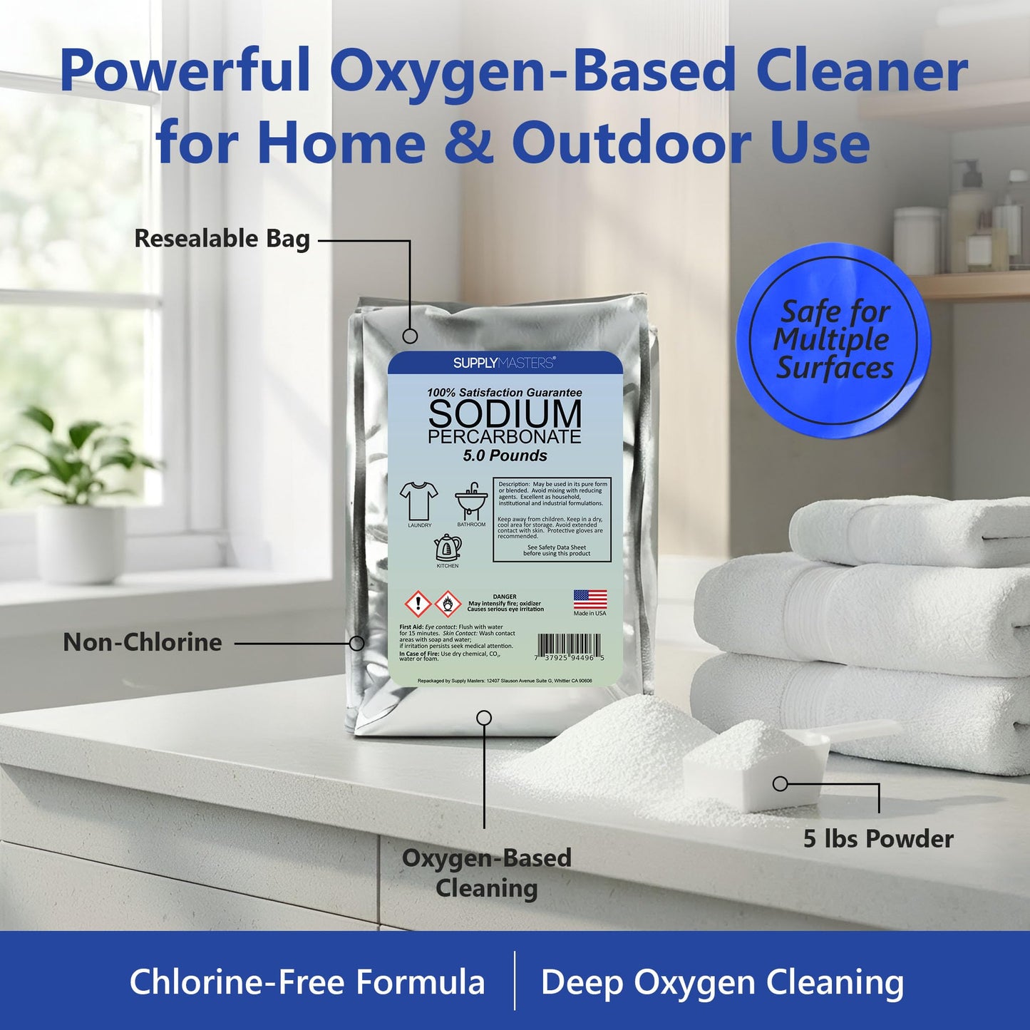 Supply Masters Sodium Percarbonate Powder 5 lbs - Non-Chlorine Oxygen Bleach Alternative & Stain Remover - Multi-Purpose Cleaner for Laundry, Carpets
