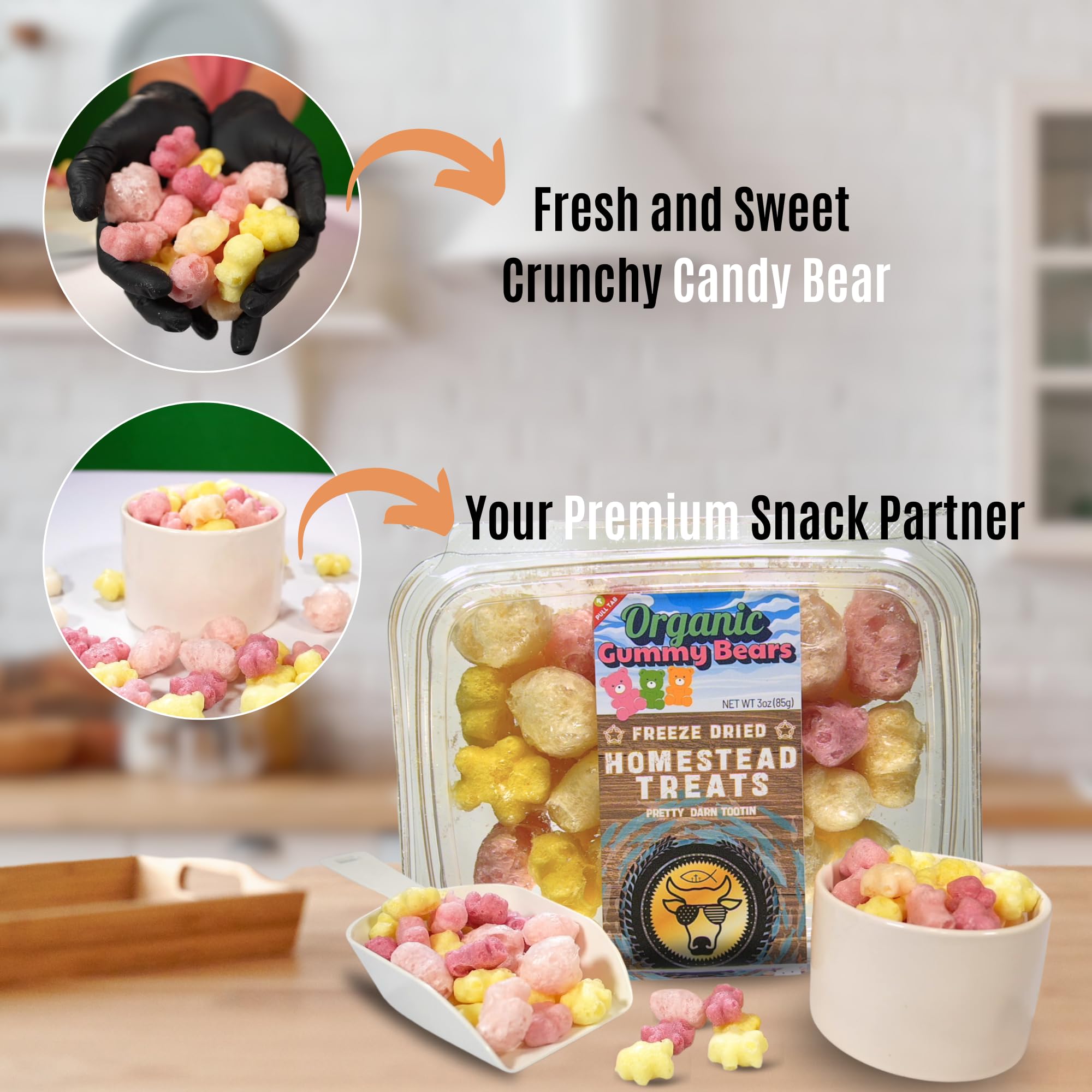 Homestead Treats Freeze-Dried Organic Candy Bears - Sweet, Light & Crispy Gummy Bears - Non-GMO, Gluten-Free, No Artificial Flavors - Perfect
