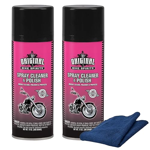 Original Bike Spirits Spray Cleaner & Polish 14 oz (2 Units) & a Blue Microfiber Rag - Waterless Motorcycle Cleaner and Polish for Paint, Chrome