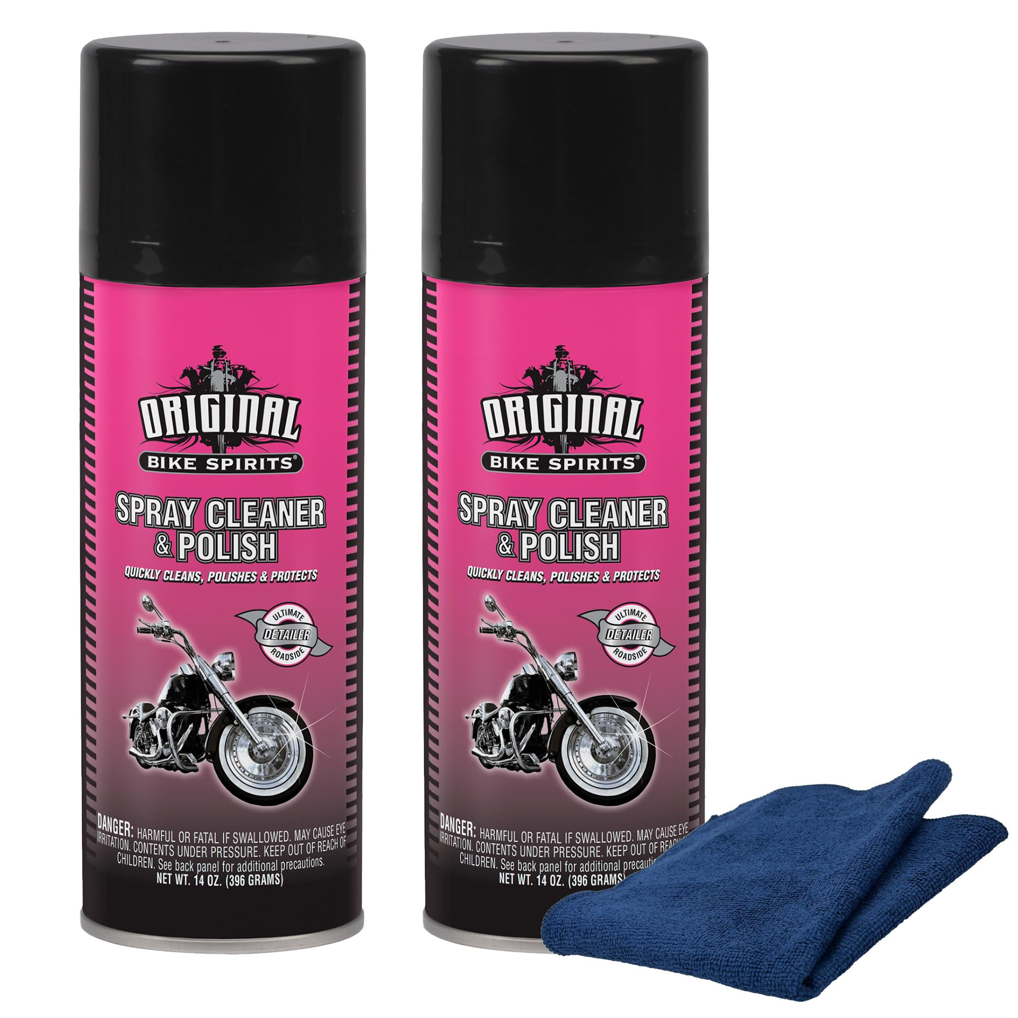 Original Bike Spirits Spray Cleaner & Polish 14 oz (2 Units) & a Blue Microfiber Rag - Waterless Motorcycle Cleaner and Polish for Paint, Chrome