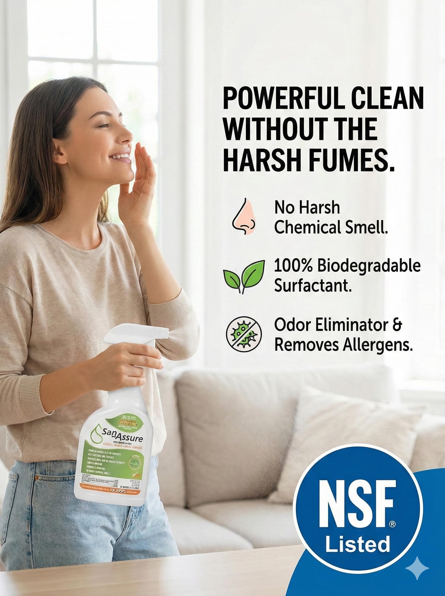 SAN-ASSURE The Disinfectant, EPA Registered, Kills Mold, Mildew & Viruses, Eliminates Odors, Food-Contact Sanitizer, (2) 32oz. Bottles