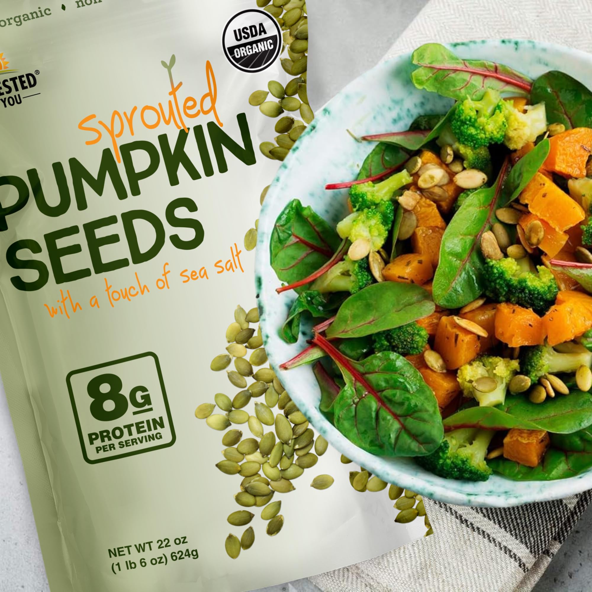 Harvested For You Sea Salted Sprouted Pumpkin Seeds, 22oz Bag, Non GMO, Paleo, Gluten Free, Vegan, Organic, Plant Based, Keto