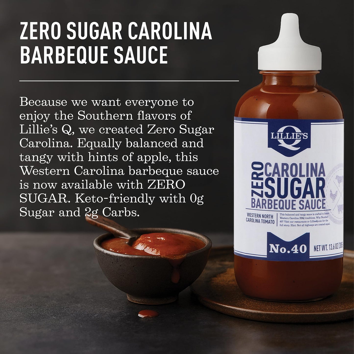 Lillie's Q - Zero Sugar Carolina BBQ Sauce, Sugar-Free, Low Calorie, Gourmet Vinegar Barbeque Flavor (13.6 oz)