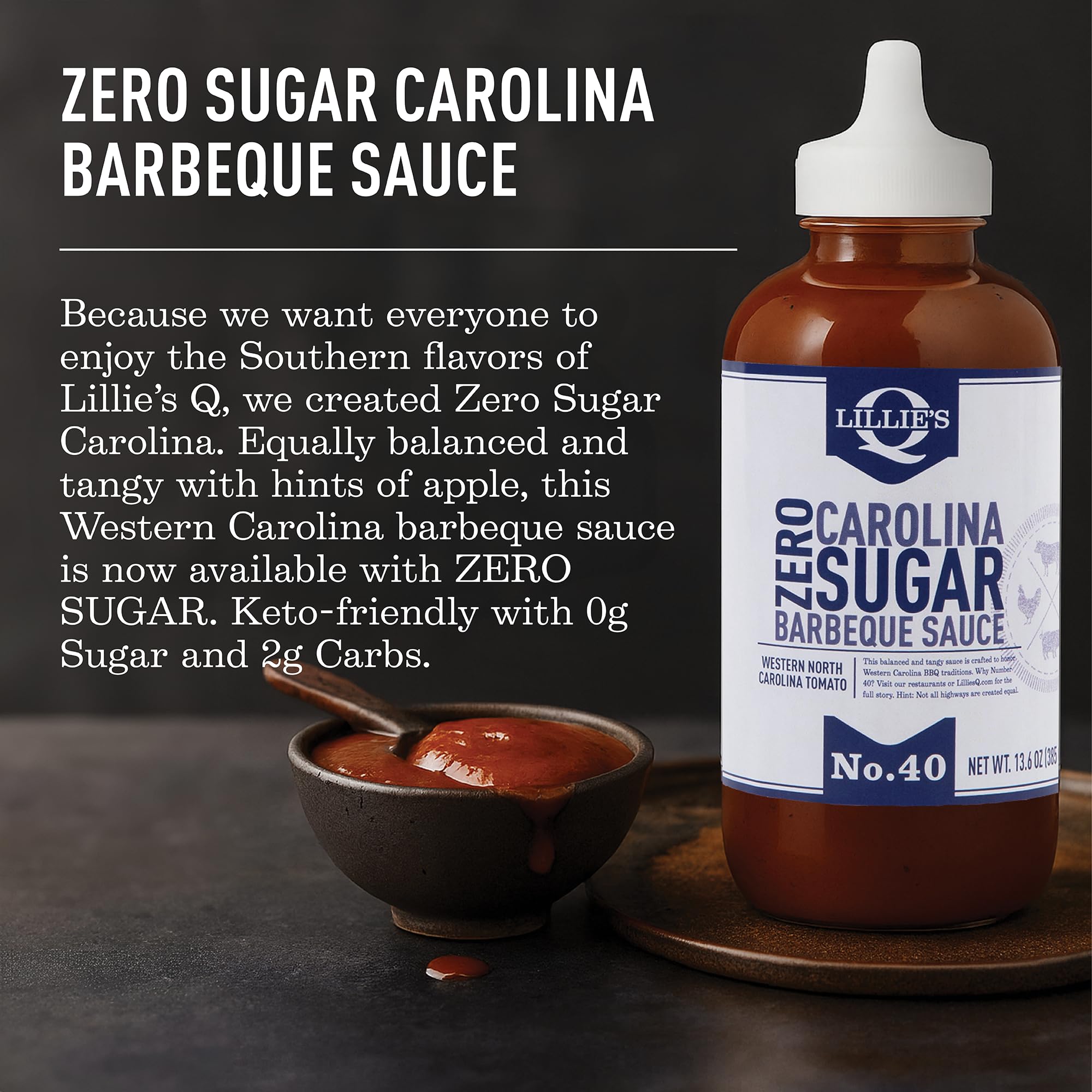 Lillie's Q - Zero Sugar Carolina BBQ Sauce, Sugar-Free, Low Calorie, Gourmet Vinegar Barbeque Flavor (13.6 oz)
