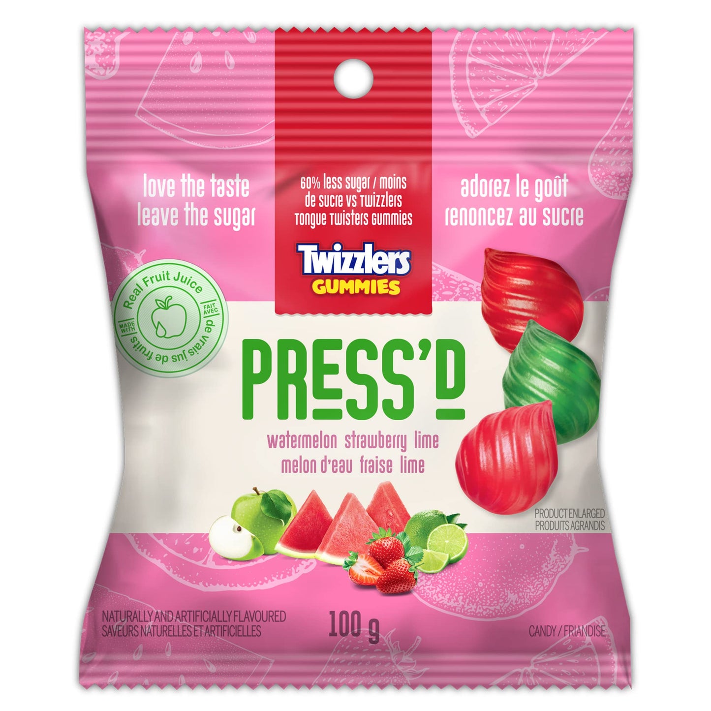 Press'd Fruit Gummies, Watermelon, Strawberry & Lime Flavors, 100g/3.5 oz., Bag (Imported from Canada)