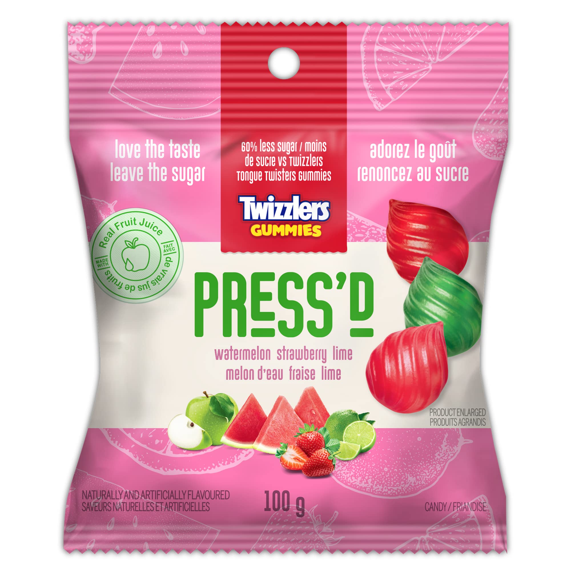 Press'd Fruit Gummies, Watermelon, Strawberry & Lime Flavors, 100g/3.5 oz., Bag (Imported from Canada)