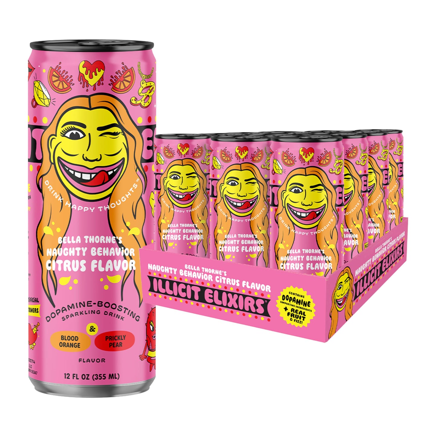 Illicit Elixirs Naughty Behavior Citrus by Bella Thorne - Sparkling Juice Drink - Supports Dopamine Production - 12 Pack - 12 Oz Cans, Late Night