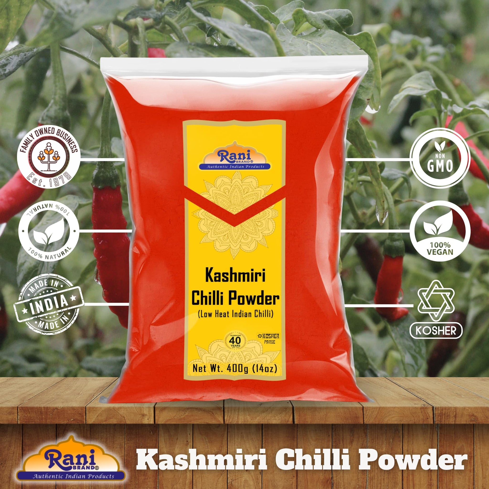 Rani Kashmiri Chilli Powder (Deggi Mirch, Low Heat) Ground Indian Spice 14oz (400g) ~ All Natural, Salt-Free | Vegan | No Colors | Gluten Friendly |