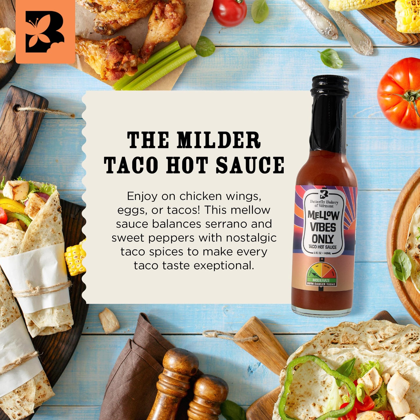 Butterfly Bakery of Vermont Mellow Vibes Only Taco Hot Sauce, 5 fl oz
