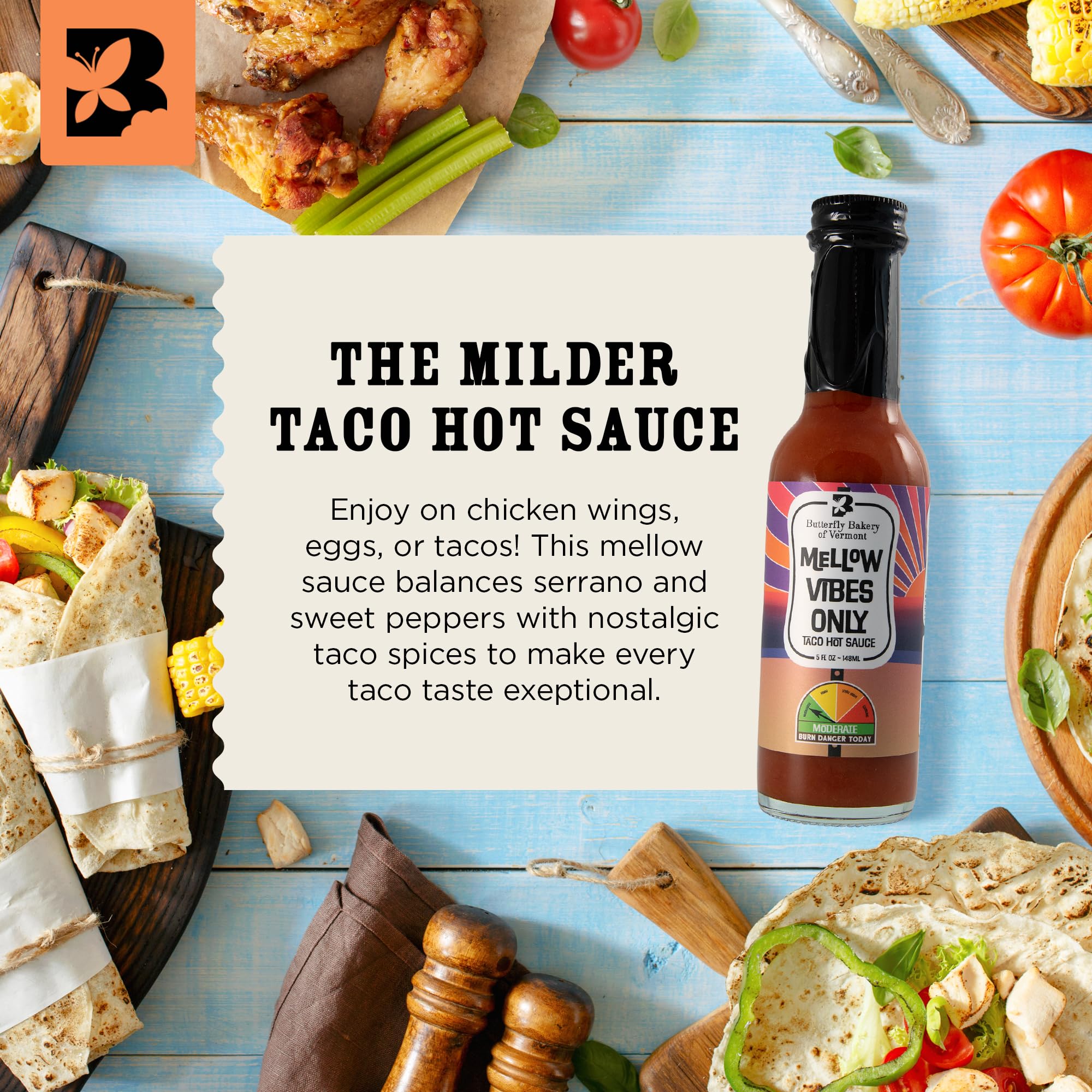 Butterfly Bakery of Vermont Mellow Vibes Only Taco Hot Sauce, 5 fl oz