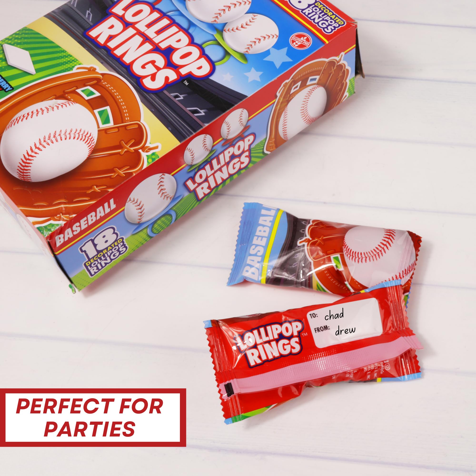 Baseball Lollipop Rings, Individually Wrapped Candy for Birthday Party Favors, Goodie Bags, and End of Season Parties, Box of 18