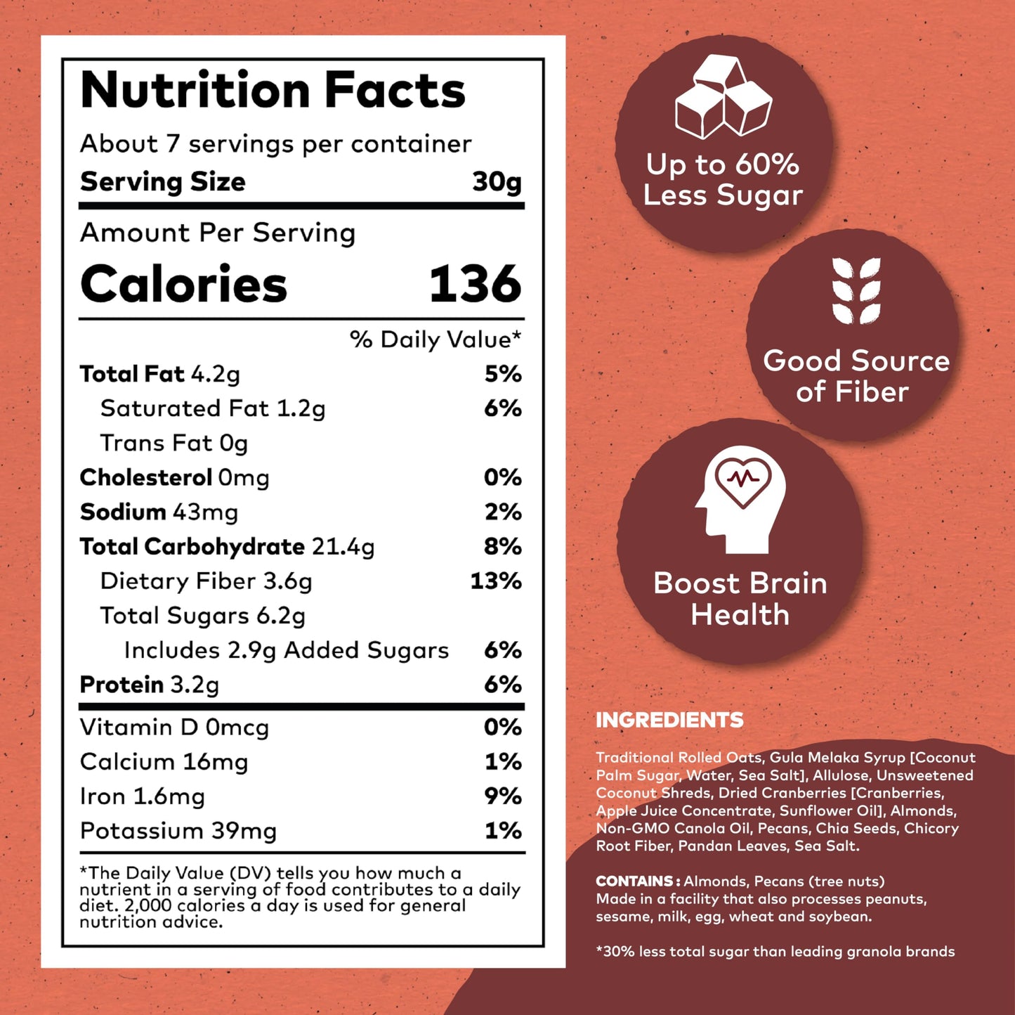 Coconut Caramel Granola with Prebiotics | Natural, Hand-Baked, Reduced Sugar, Rich in Iron | for Breakfast Cereal, Trailmix, Yogurt, Snack Food |