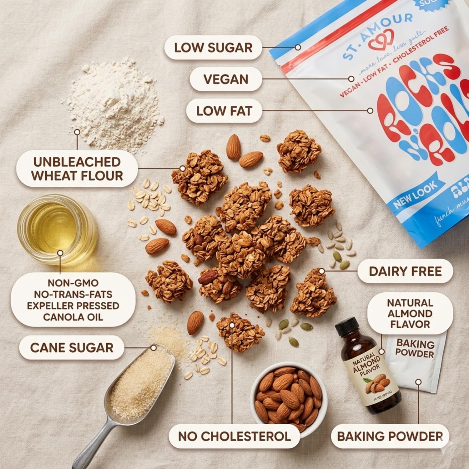 ST. AMOUR Vegan Almond Rocks N Rolls - French Snack Bites Low Sugar Low Fat Dairy Free Cholesterol Free - Crunchy Almond Cookies Plant Based Sweet