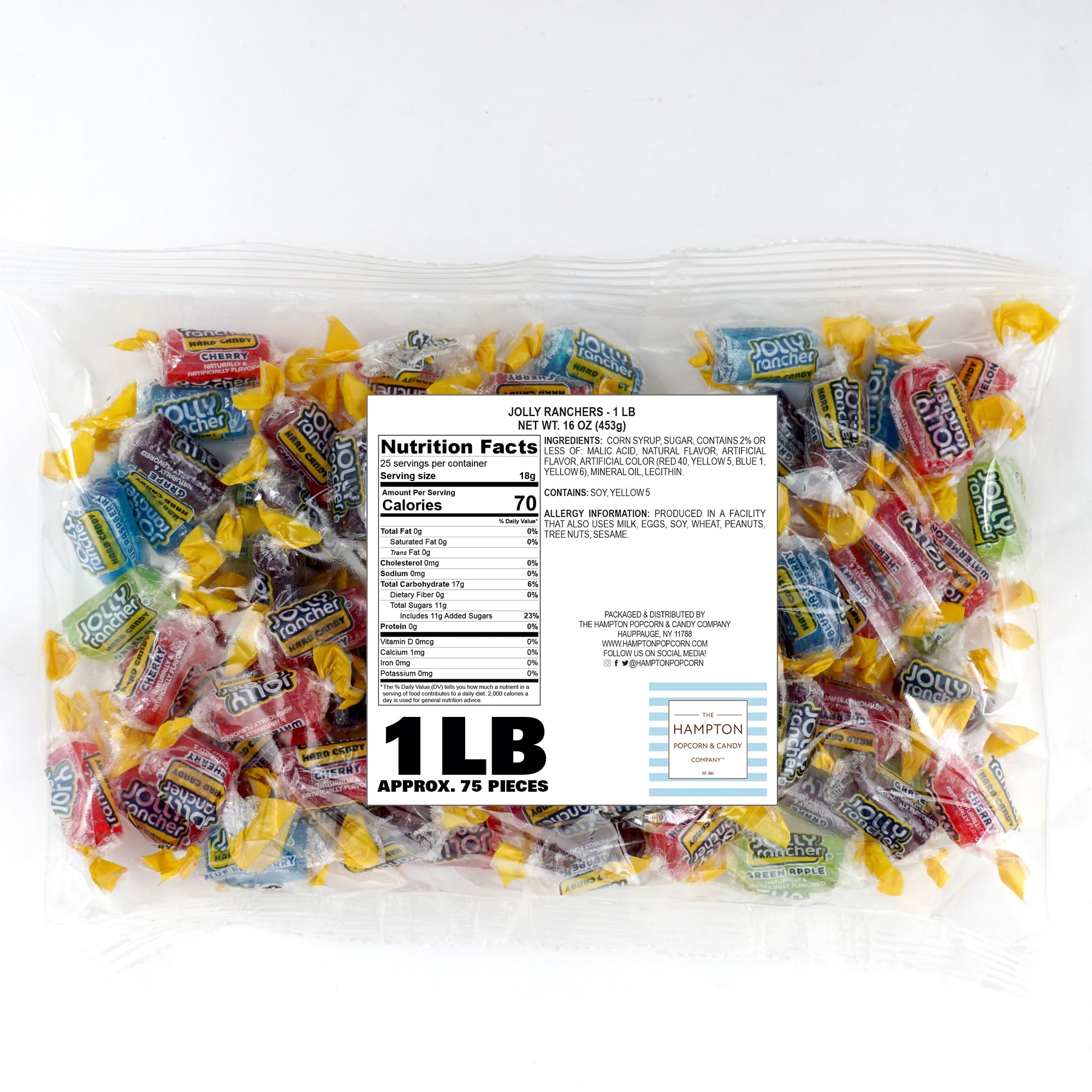 Jolly Ranchers Assorted Fruit Flavored Candy, 1lb Bulk Bag (Approx 75 Pieces), Individually Wrapped Hard Candy, The Hampton Popcorn & Candy Company