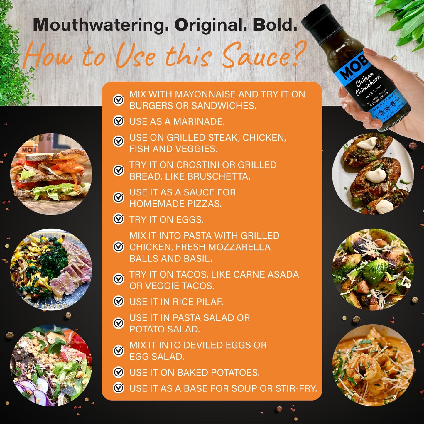 MOB Sauce Chilean Chimichurri - Award Winning Garlic & Herb Marinade Grilling & Dipping Sauce that’s Vegan, Gluten-Free, Keto-Friendly with Natural