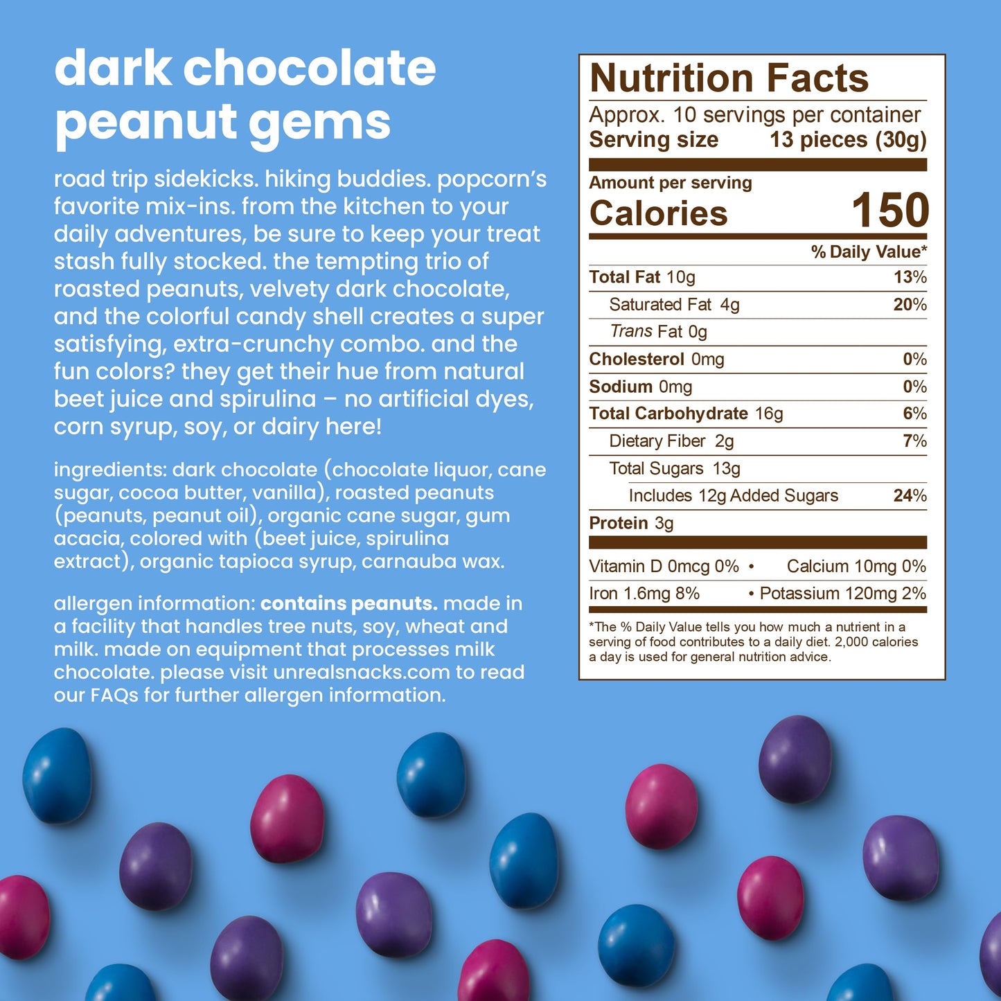 Unreal Dark Chocolate Peanut Gems | Certified Vegan Fair Trade, Non-GMO | Made with Gluten Free Ingredients and Colors from Nature | No Sugar Alcohols