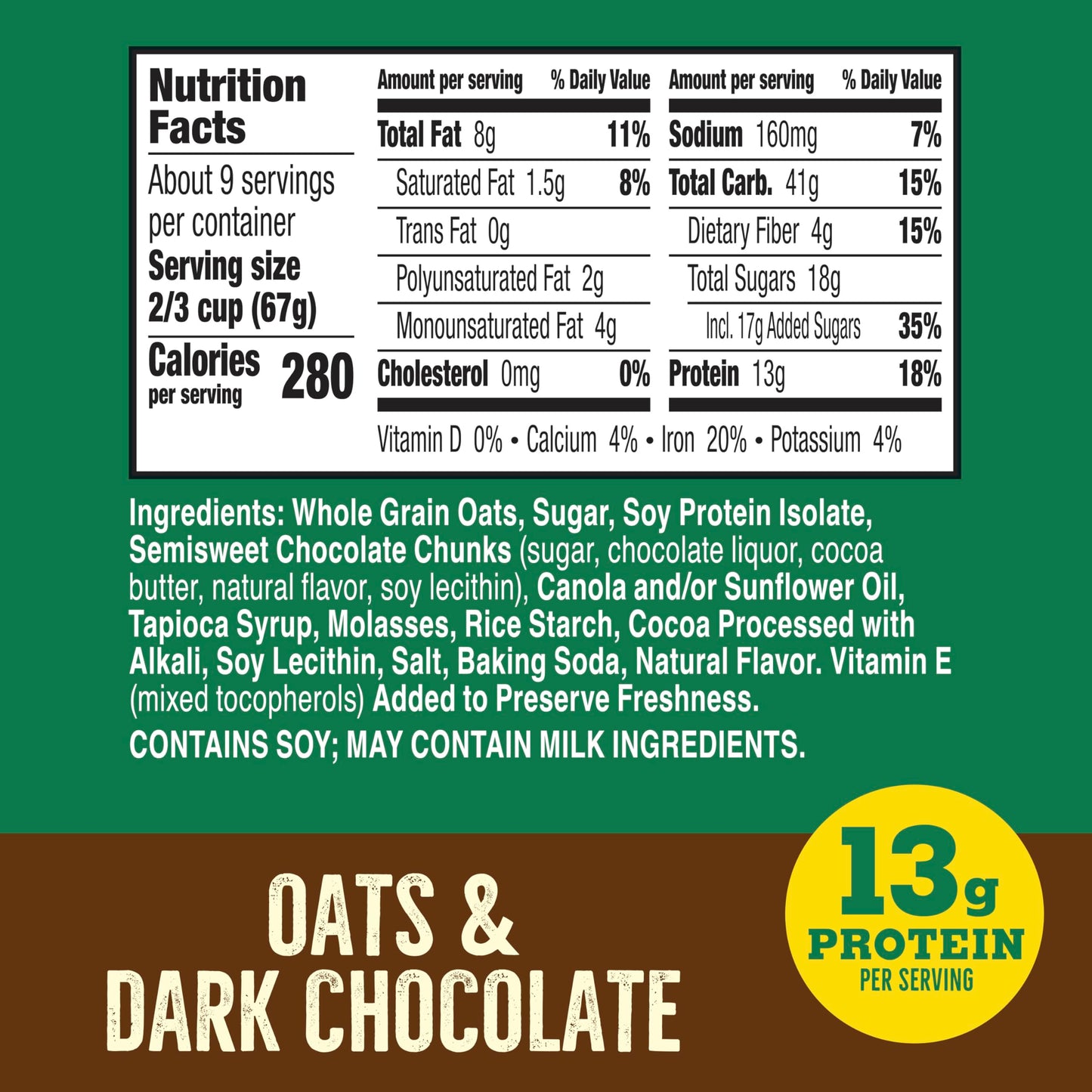 Nature Valley Protein Granola, Oats and Dark Chocolate, Resealable Tub, 22.5 oz