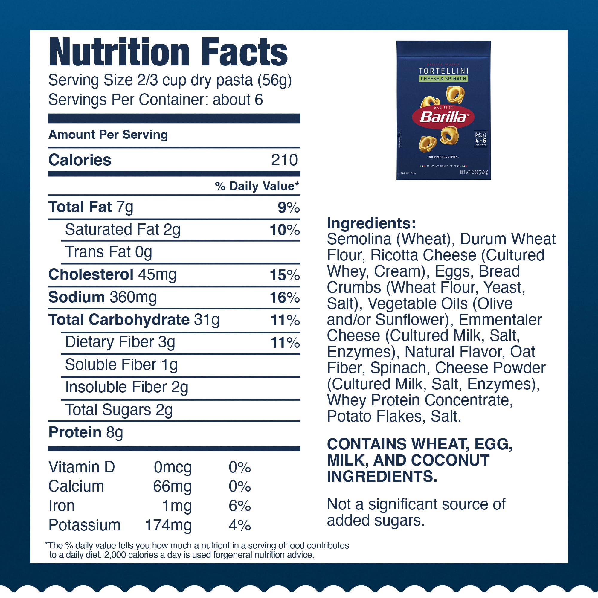 Barilla Cheese & Spinach Tortellini Pasta, 12 oz. Bag (Pack of 8) - 6 Servings Per Bag - Pantry Friendly Dried Tortellini - Made with Non-GMO