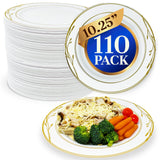 Reli. Disposable Plastic Plates, White & Gold Rim (110 Pcs, 10.25") | Hard Plastic Dinner Plate | Elegant, Heavy Duty Disposable Round Platters