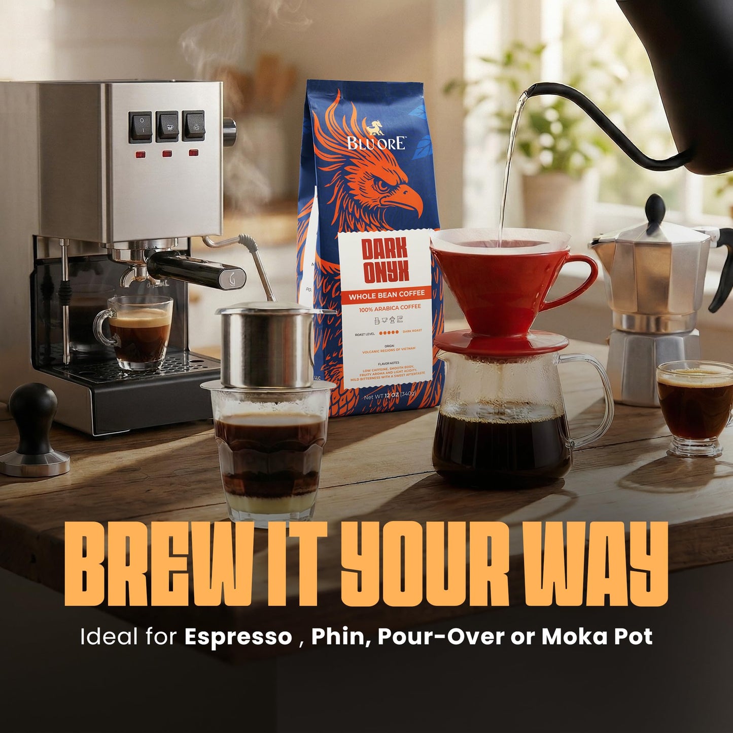 Blu Ore Dark Onyx Vietnamese Arabica Coffee Beans Single Origin Low Acidity Dark Roast with Smooth Body and Fruity Aroma