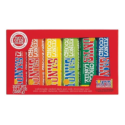 Tony’s Chocolonely Rainbow Chocolate Candy Bar Variety Pack, Belgian Dark & Milk Chocolate With Sea Salt, Caramel, Almond, Hazelnut, & Nougat, Made