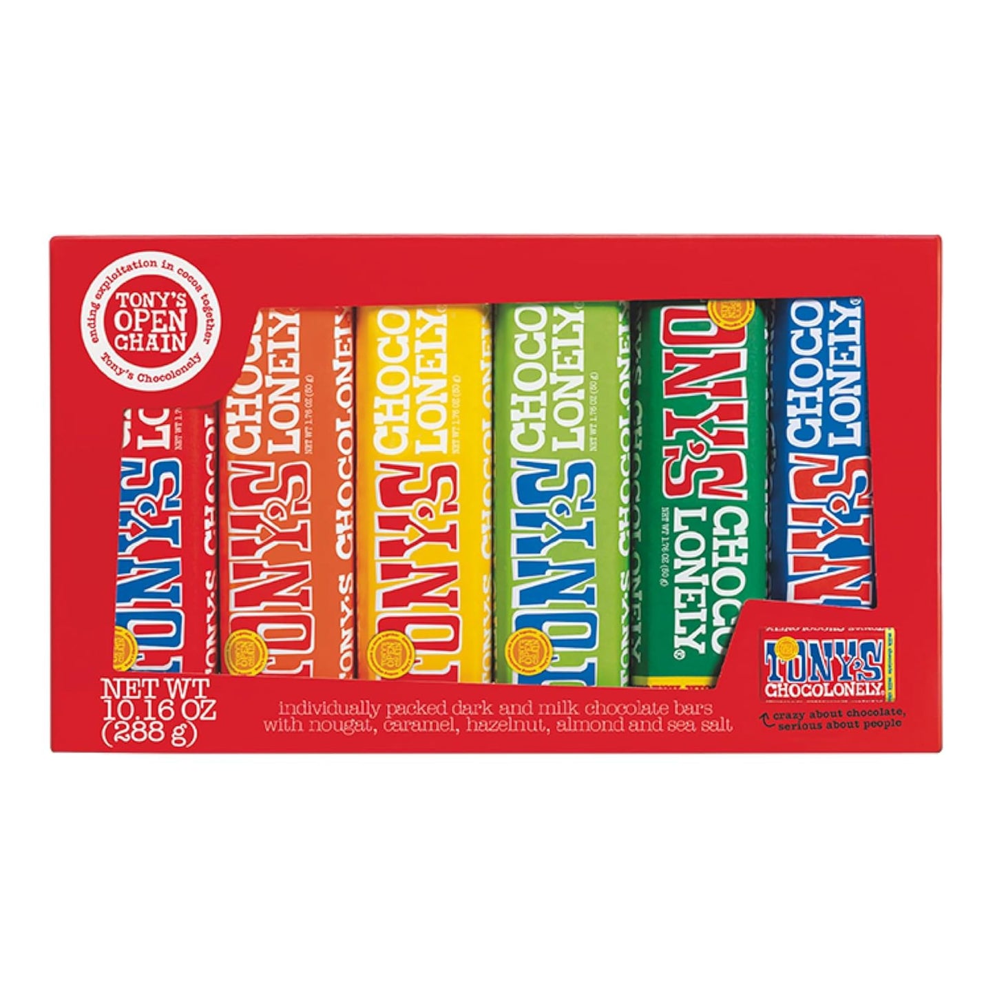 Tony’s Chocolonely Rainbow Chocolate Candy Bar Variety Pack, Belgian Dark & Milk Chocolate With Sea Salt, Caramel, Almond, Hazelnut, & Nougat, Made