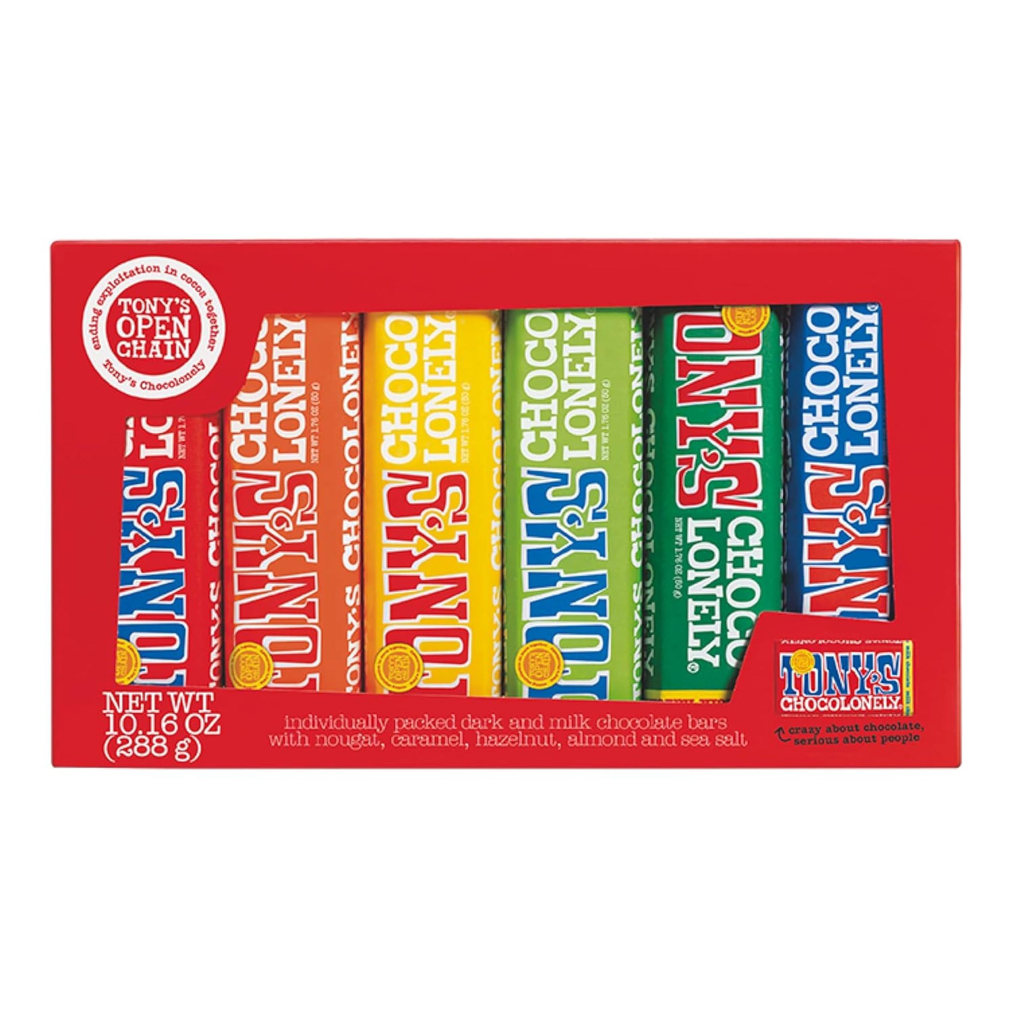 Tony’s Chocolonely Rainbow Chocolate Candy Bar Variety Pack, Belgian Dark & Milk Chocolate With Sea Salt, Caramel, Almond, Hazelnut, & Nougat, Made