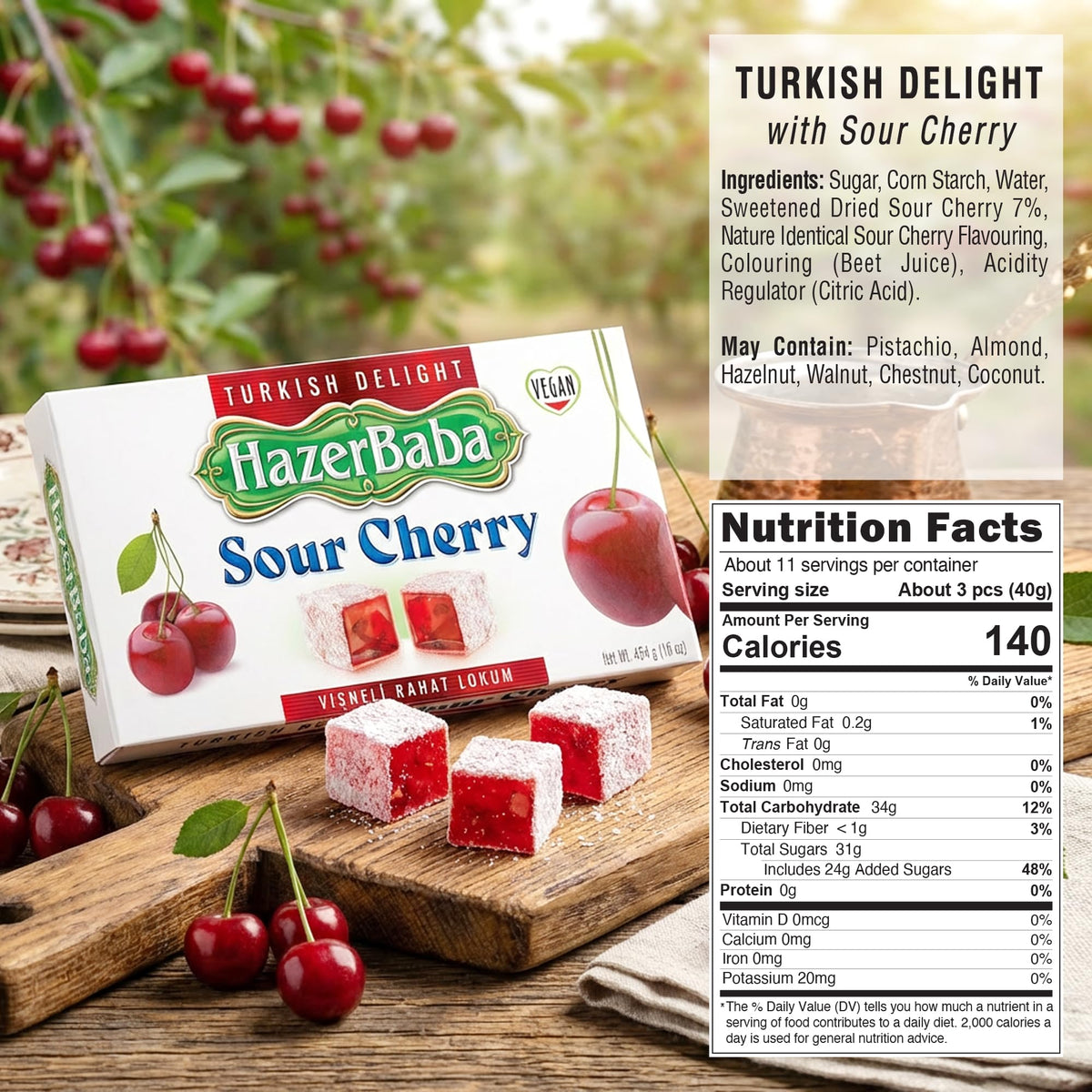 HazerBaba Turkish Delight Candy, Sour Cherry, 16oz (Pack of 1), Dulces