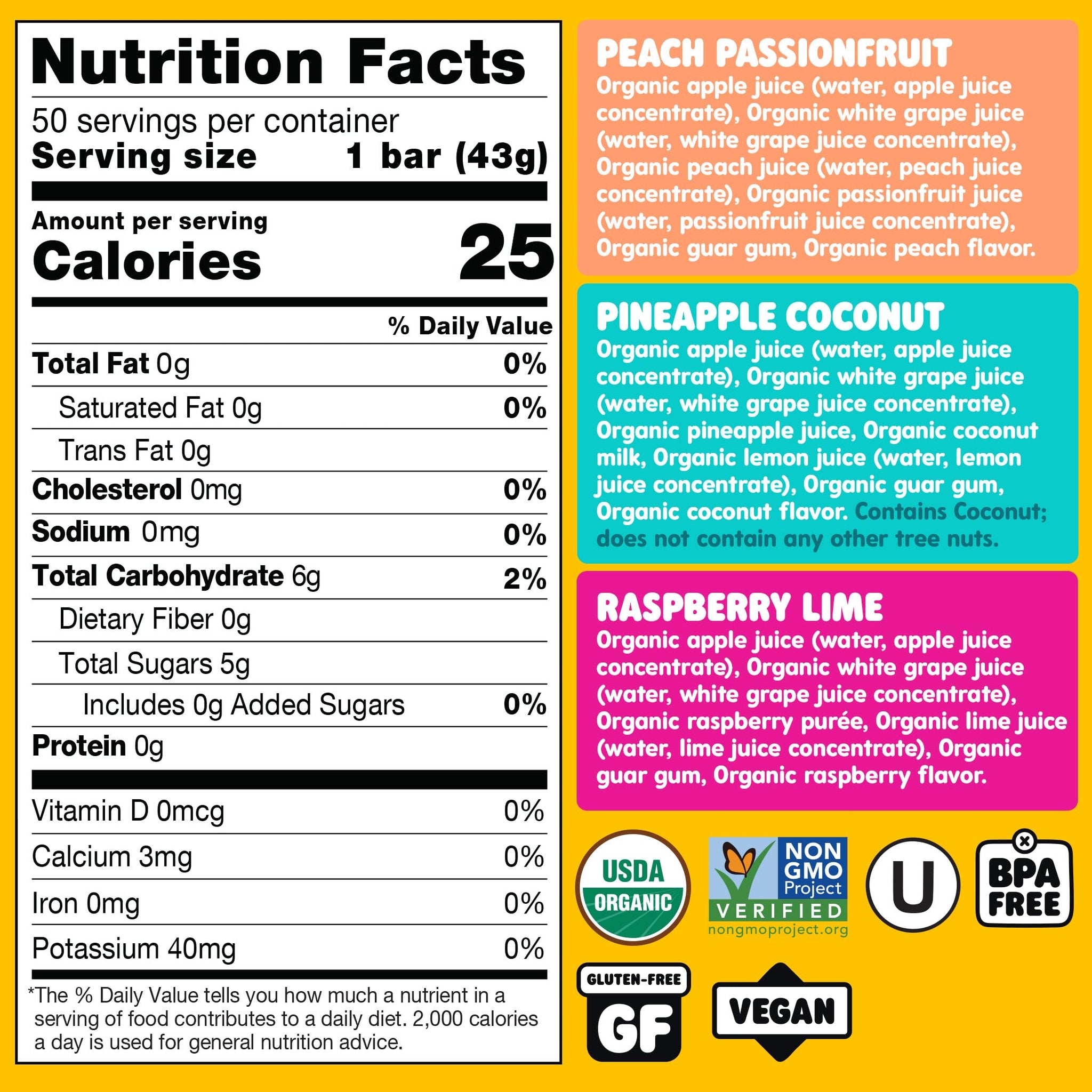 DeeBee's Organics Tropical SuperFruit Freezie Pops, No Added Sugars, No Artificial Flavors or Colors (Pack of 50)