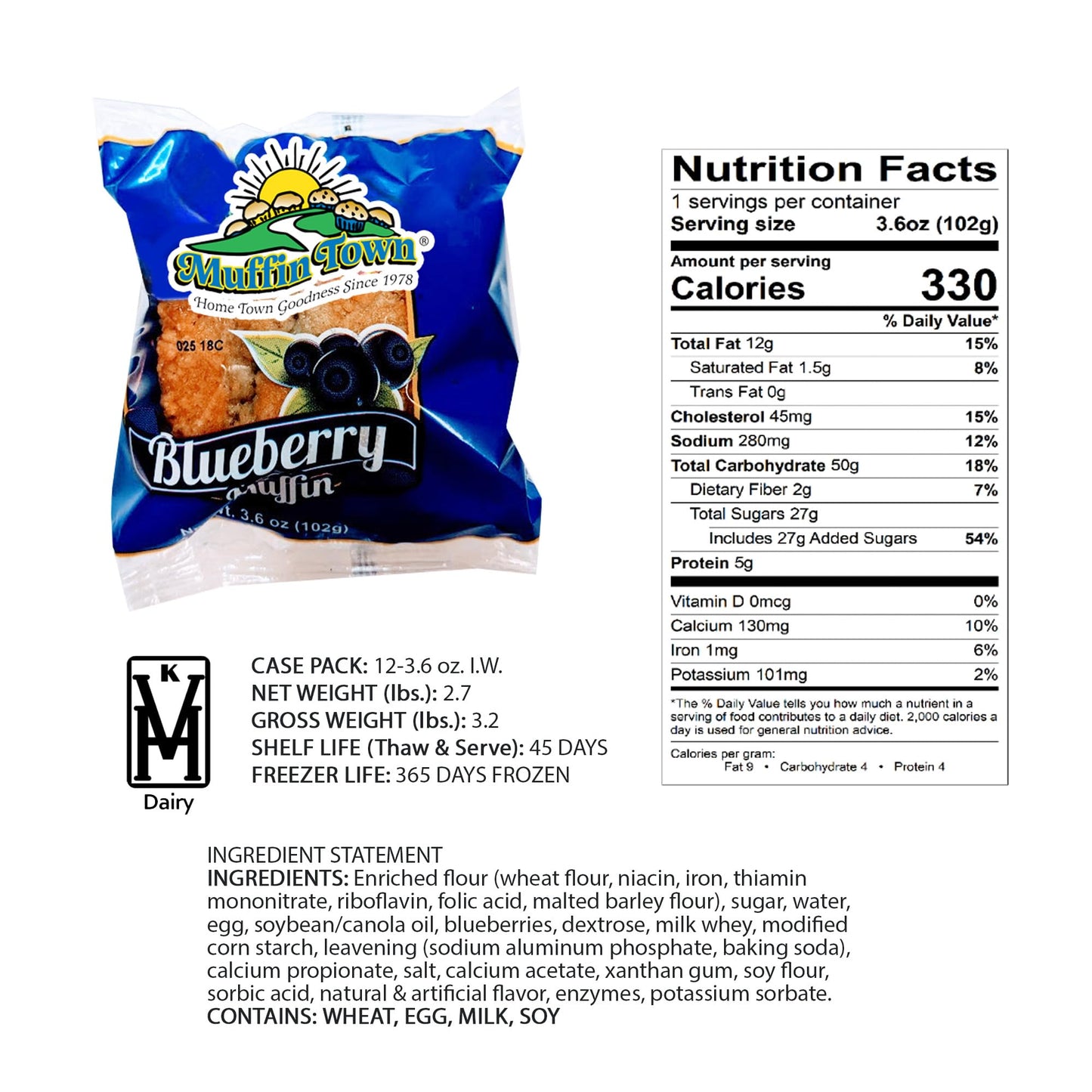 Muffin Town Grab & Go Bakery Blueberry Muffins 12 Muffins Per Case - 3.6 Oz Per Serving