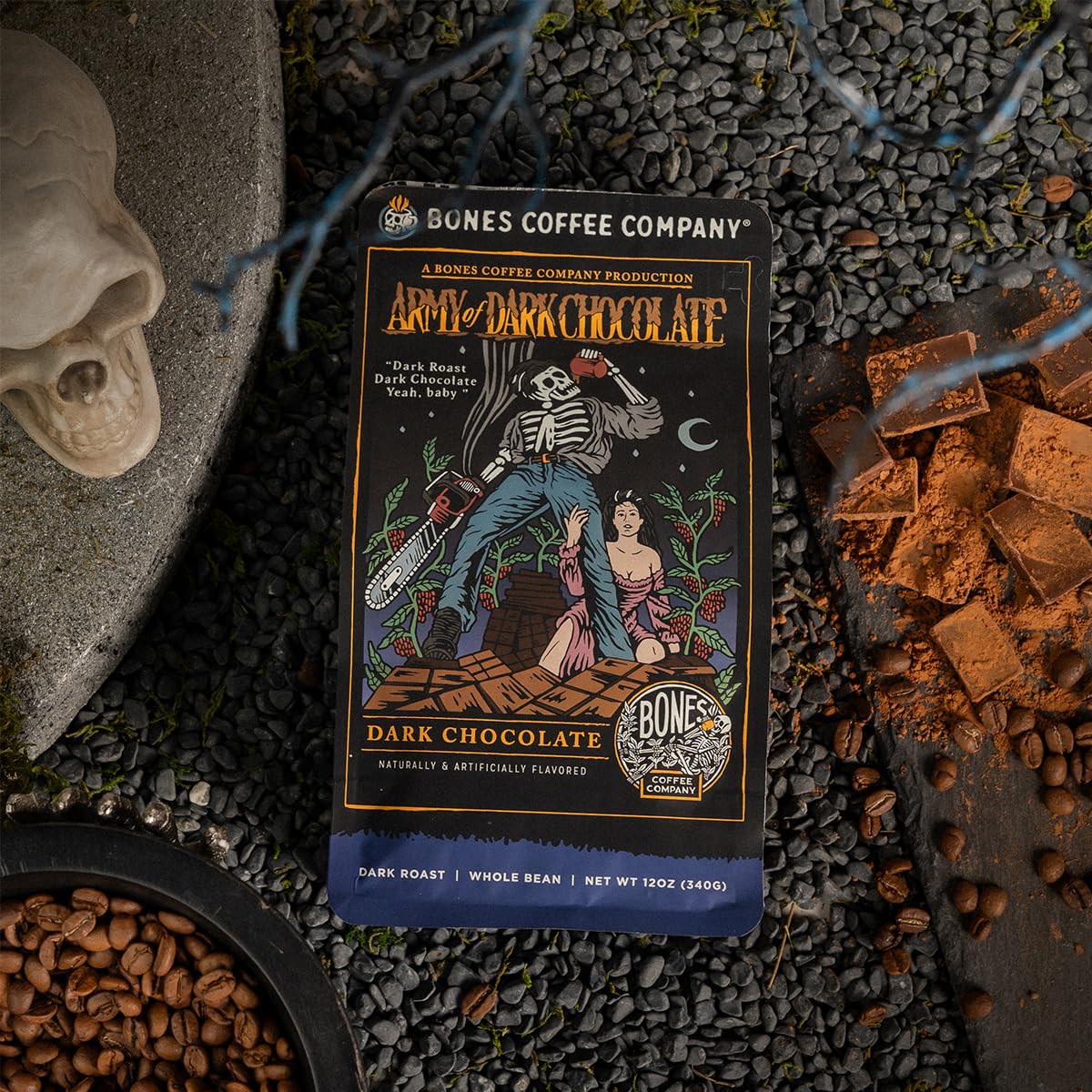 Bones Coffee Company Decaf Army of the Dark Chocolate Decaffeinated Flavored Coffee, Medium Roast Low Acid Arabica Beans Compatible with Auto drip
