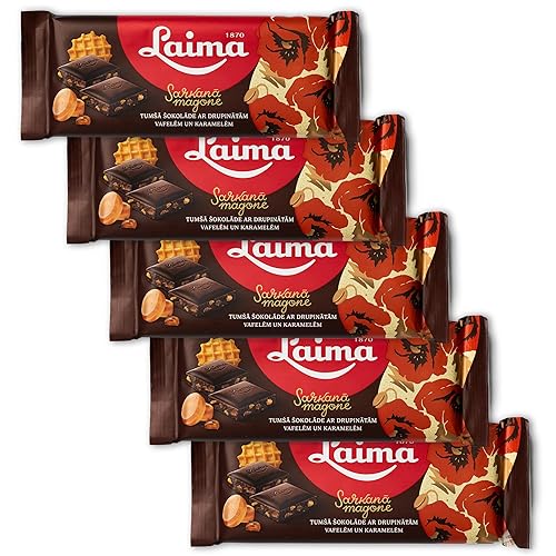Laima Dark Chocolate (50%) with Caramel and Waffles, 90g Bars (Pack of 5), Sarkan? Magone (Red Poppy)