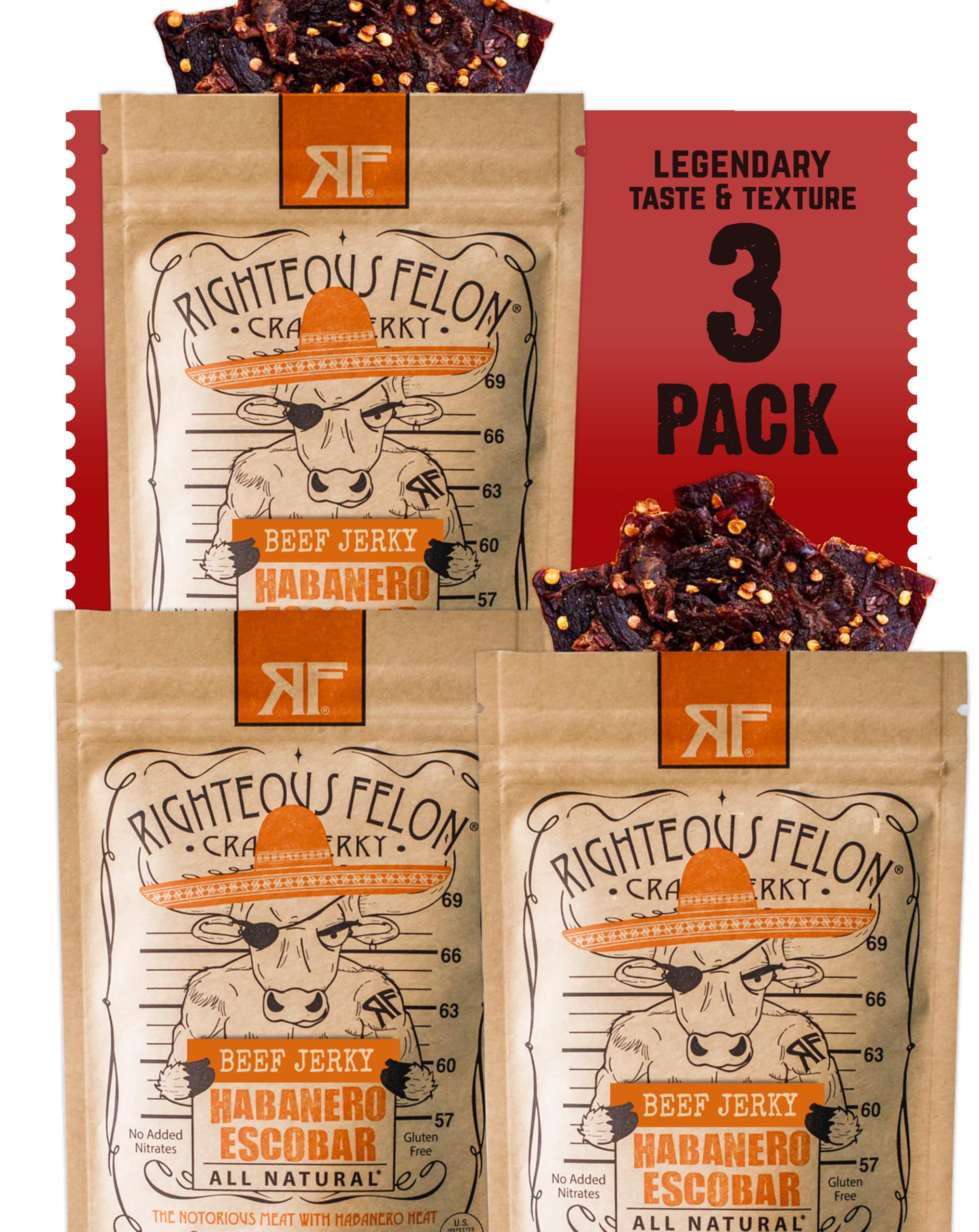 Righteous Felon Beef Jerky - Habanero Escobar Flavor - All-Natural - Locally Sourced & Dried Beef Jerky - Low-Sugar, High-Protein, Healthy Snacks - 2