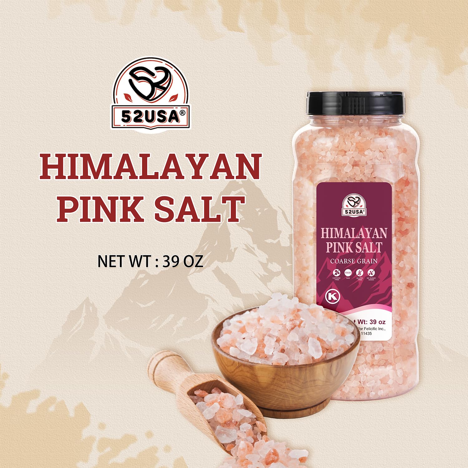 52USA Himalayan Pink Salt, Coarse Grain, 39 oz (2.4 LB), Pink Himalayan Sea Salt, Sea Salt for Grinder Refill, Kosher Salt