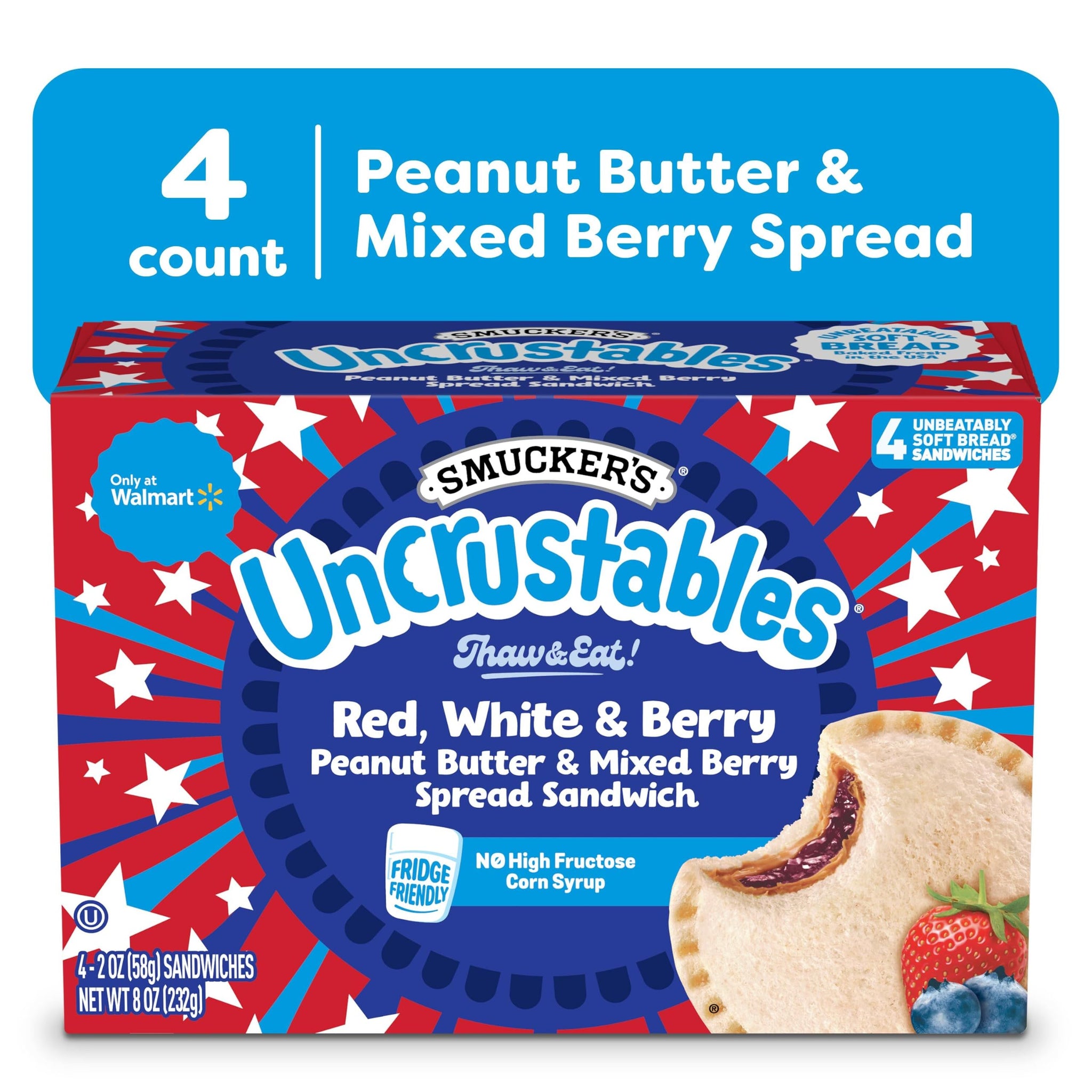 Smucker's Uncrustables Peanut Butter & Mixed Berry Spread Frozen Sandwiches, Individually Wrapped, 45 Count